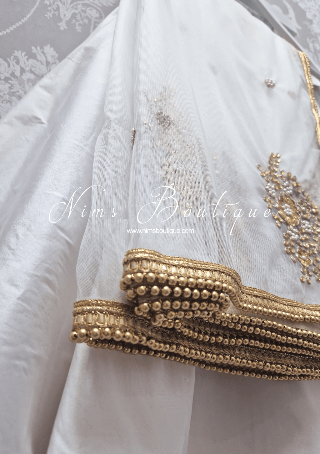 Nims Boutique White Net Pearl Embellished Dupatta/Chunni with Gold Bead Edging GB2