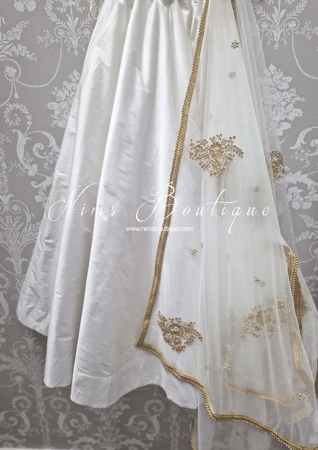 Nims Boutique White Net Pearl Embellished Dupatta/Chunni with Gold Bead Edging GB2
