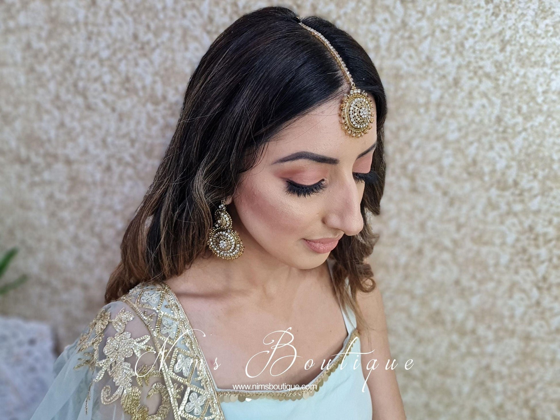Nims Boutique Royal Gold Tikka & Earrings Set with clear stone