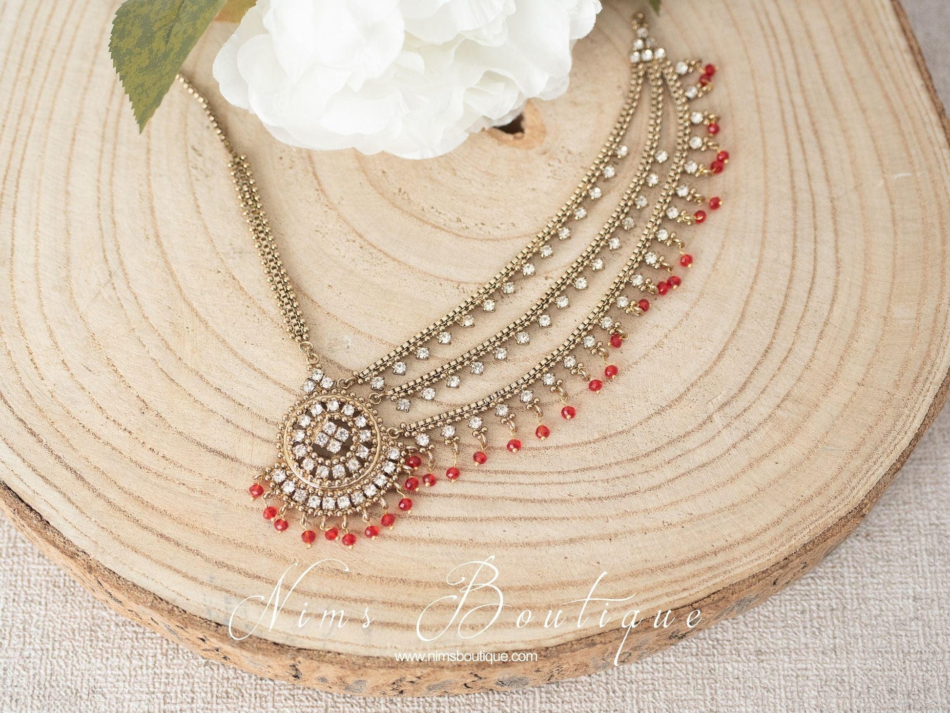 Nims Boutique Royal Antique Gold & Red Headpiece/Matha Patti one side
