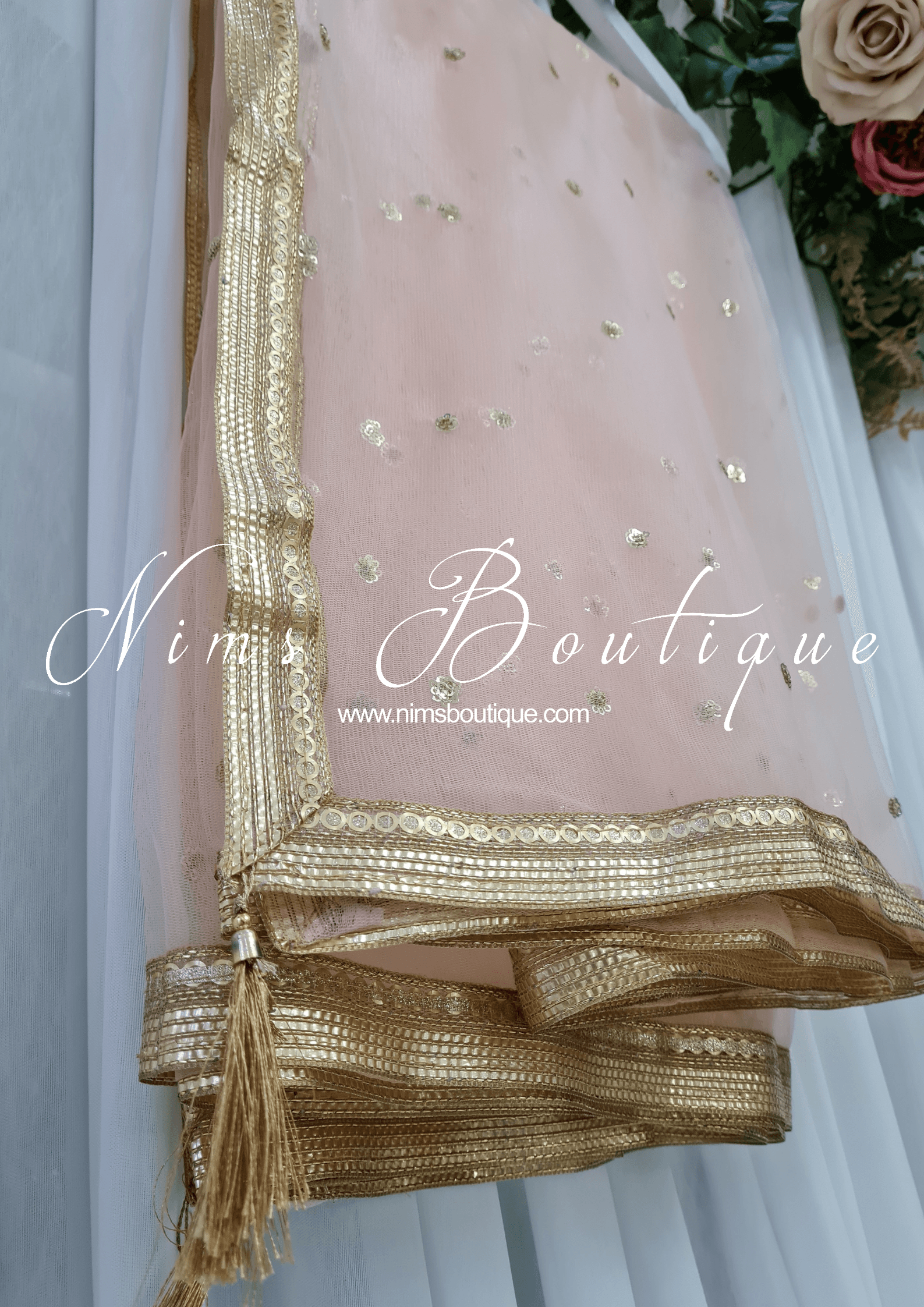 Nims Boutique Light Peach Net Sequin Dupatta/Chunni