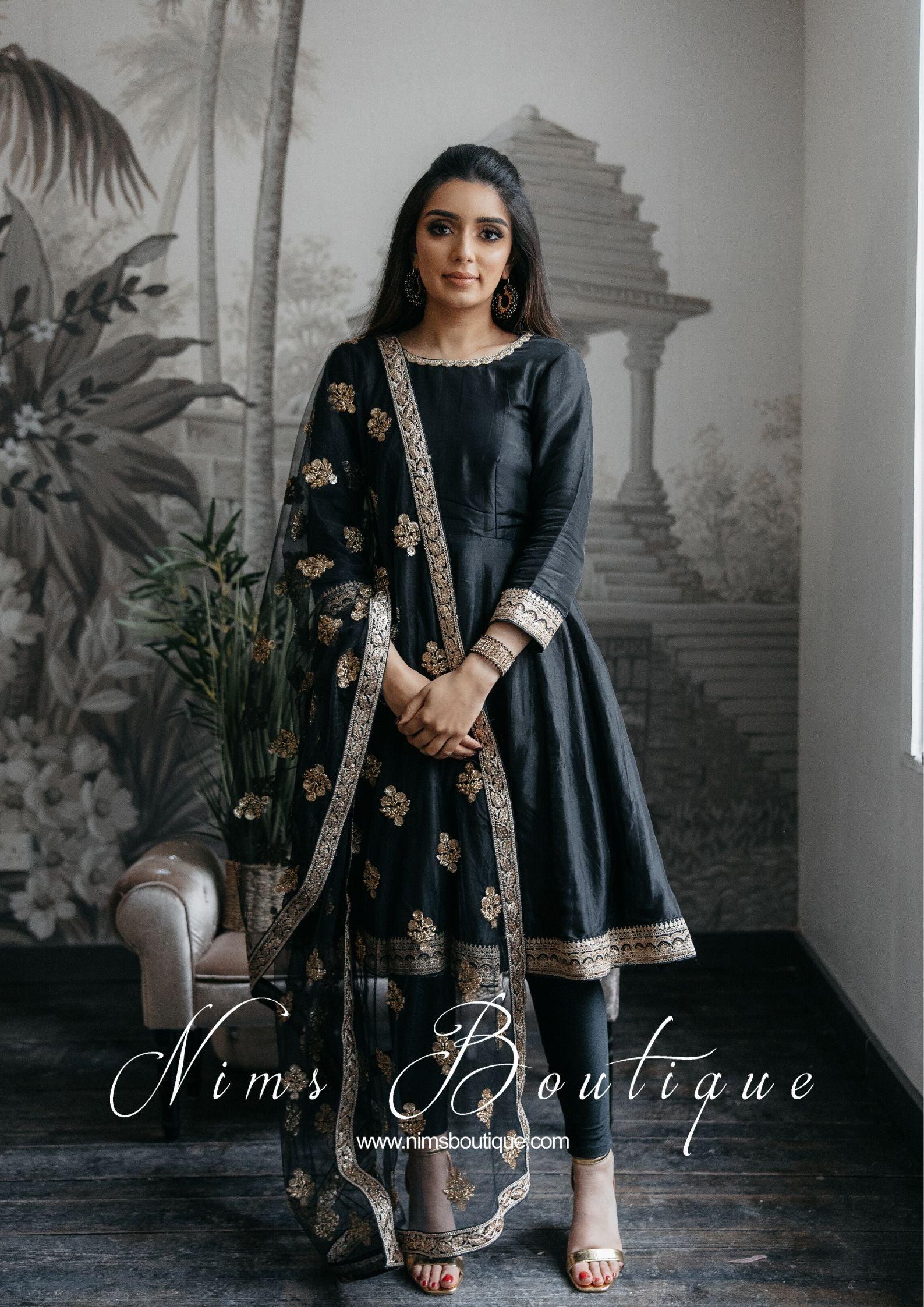 Nims Boutique Rashmi Luxury Black Silk Anarkali Suit with Pajami Sizes 4-16