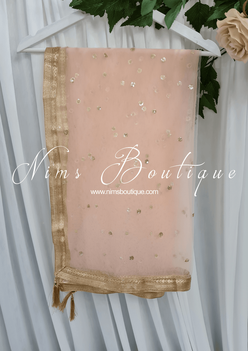 Nims Boutique Light Peach Net Sequin Dupatta/Chunni