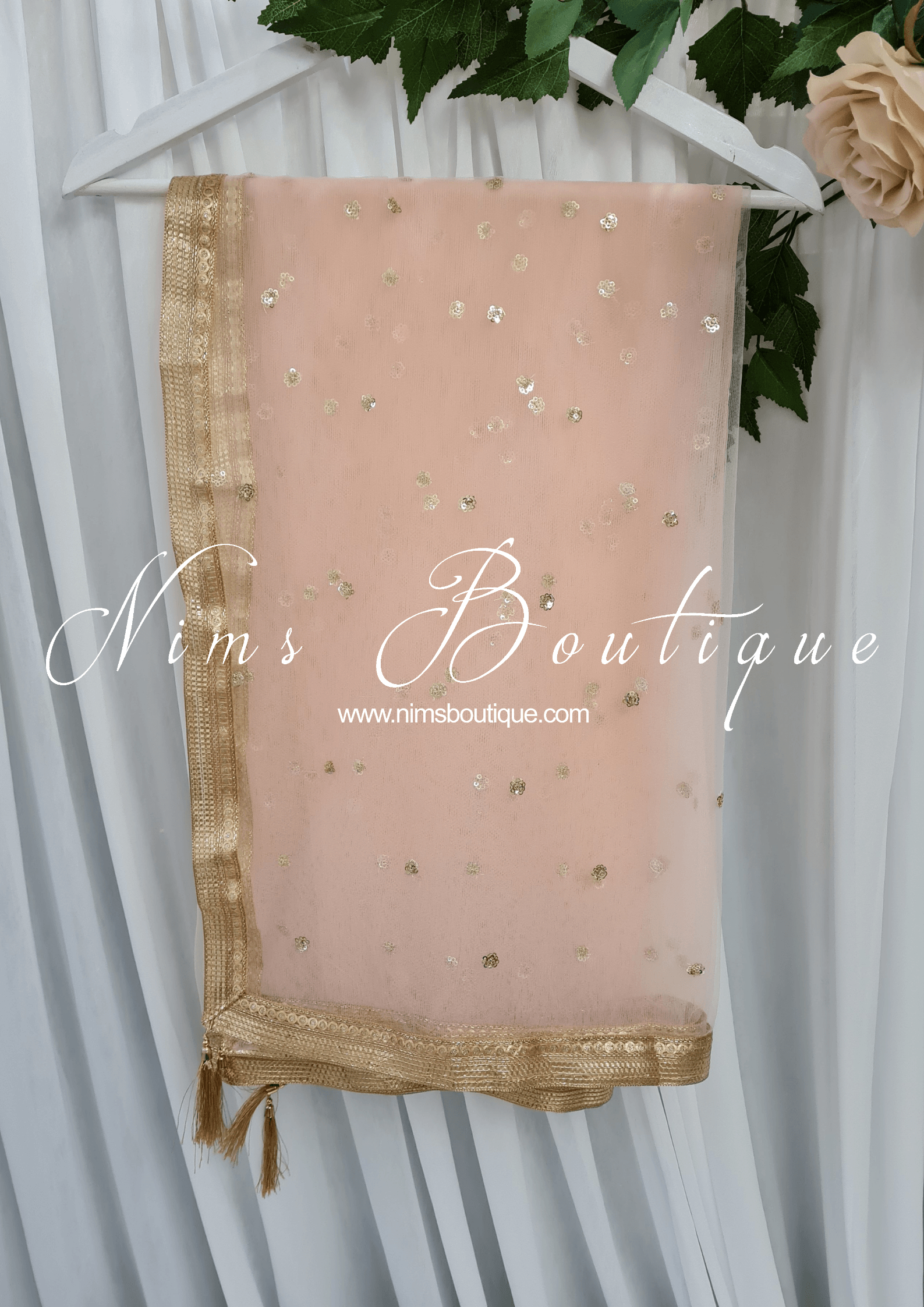 Nims Boutique Light Peach Net Sequin Dupatta/Chunni