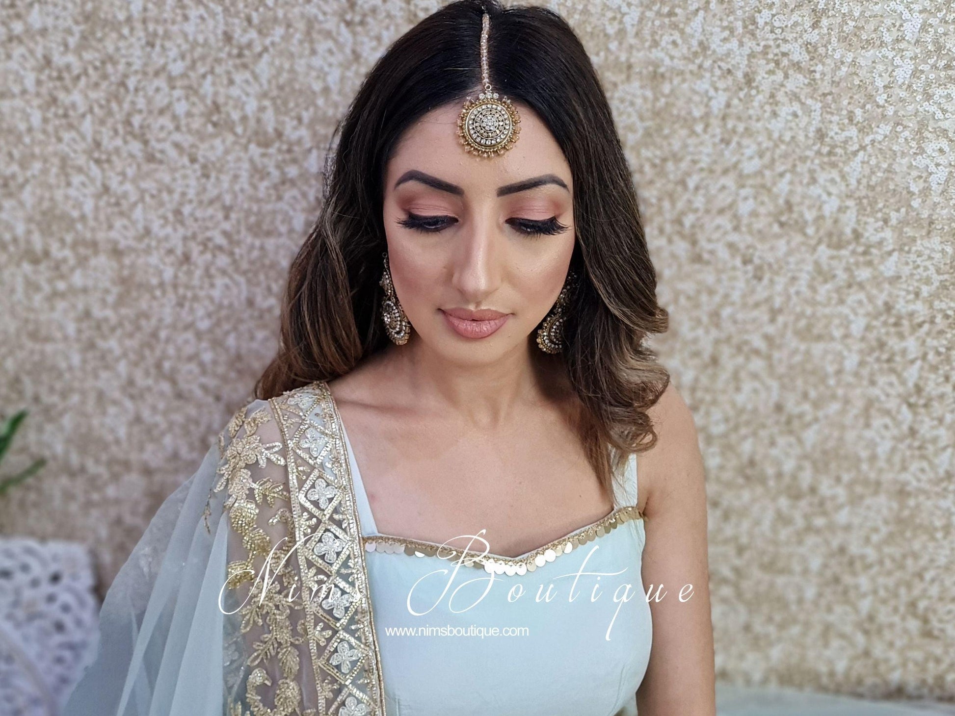 Nims Boutique Royal Gold Tikka & Earrings Set with clear stone