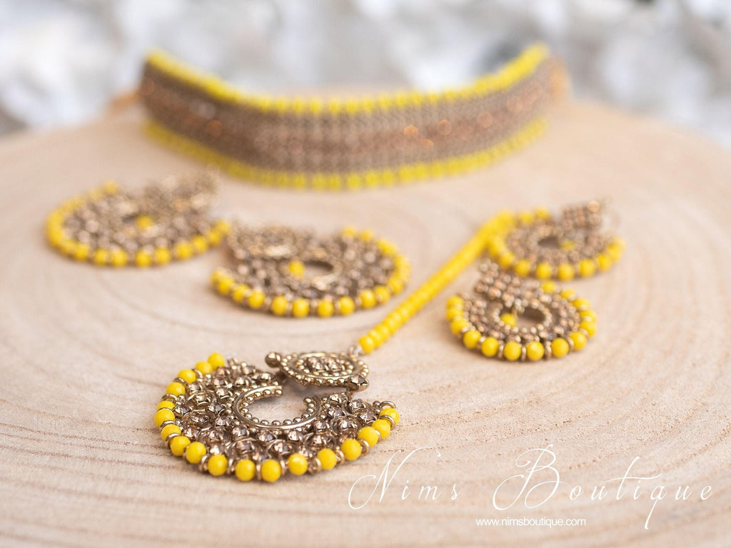 Nims Boutique Royal Dark Yellow & Gold Stone Chand Tikka Set