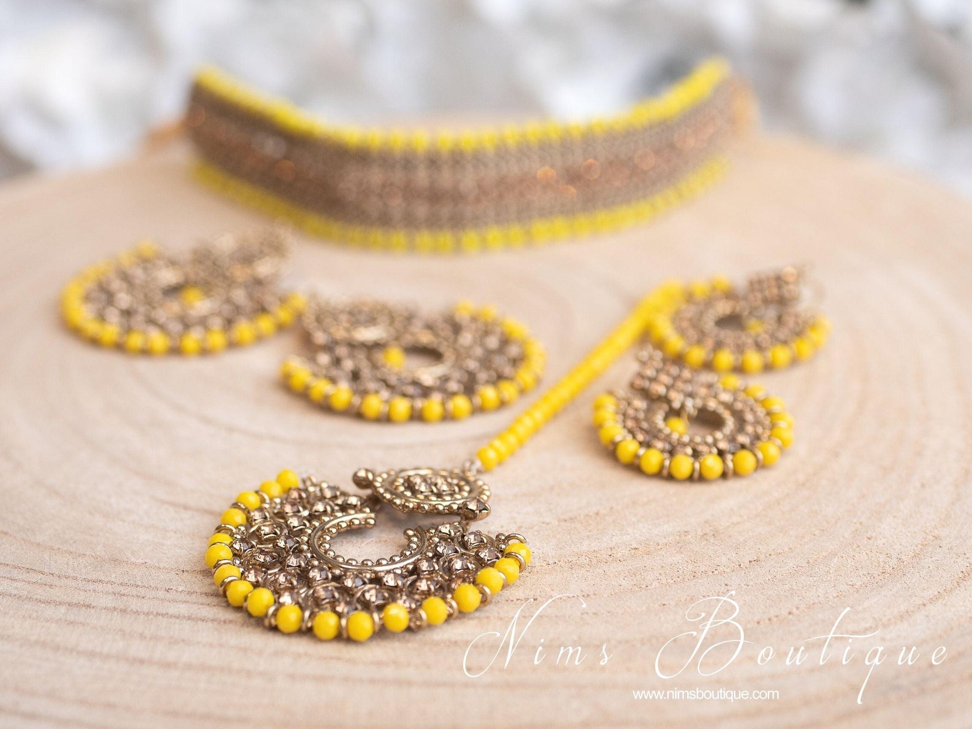 Nims Boutique Royal Dark Yellow & Gold Stone Chand Tikka Set