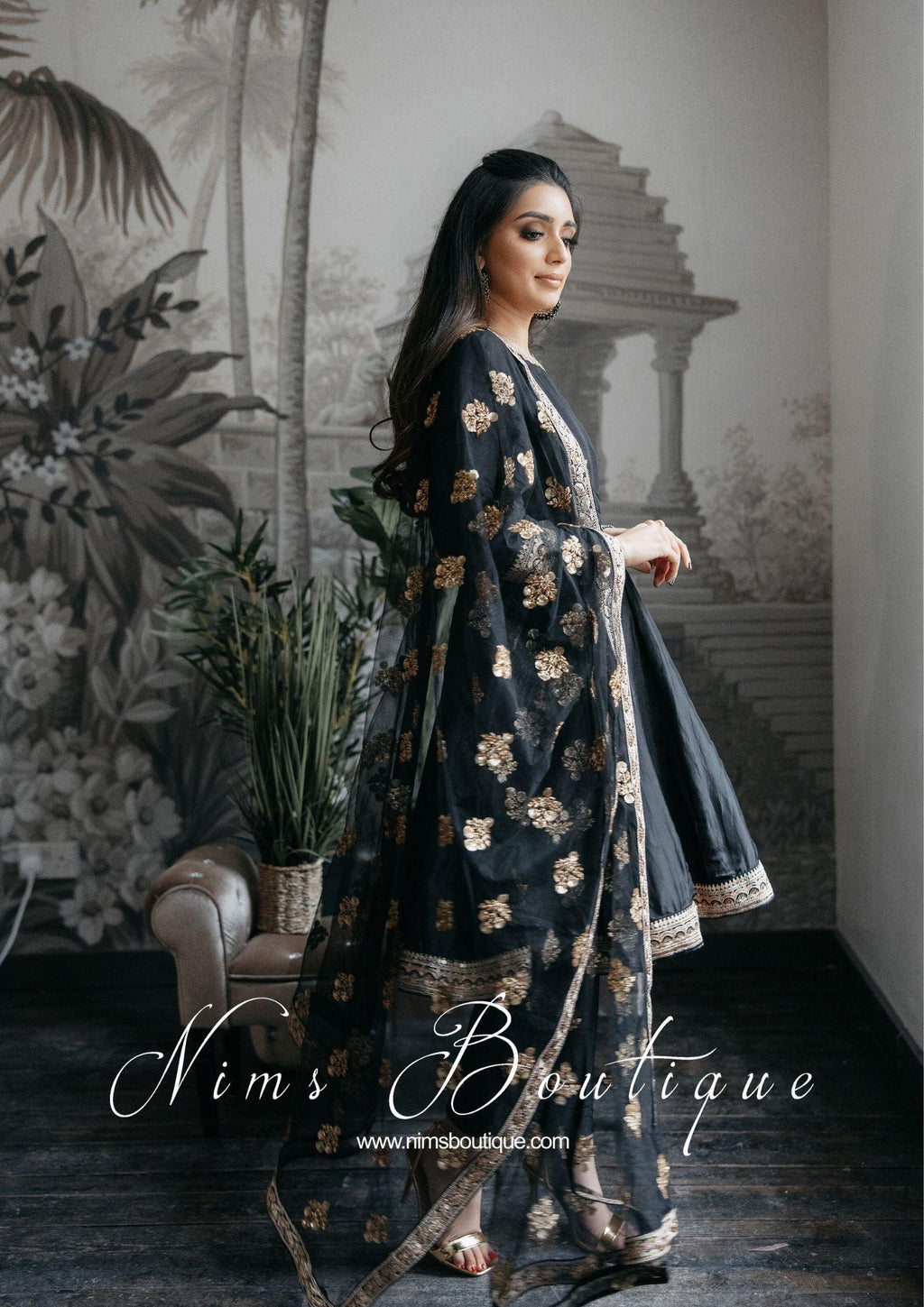 Nims Boutique Rashmi Luxury Black Silk Anarkali Suit with Pajami Sizes 4-16