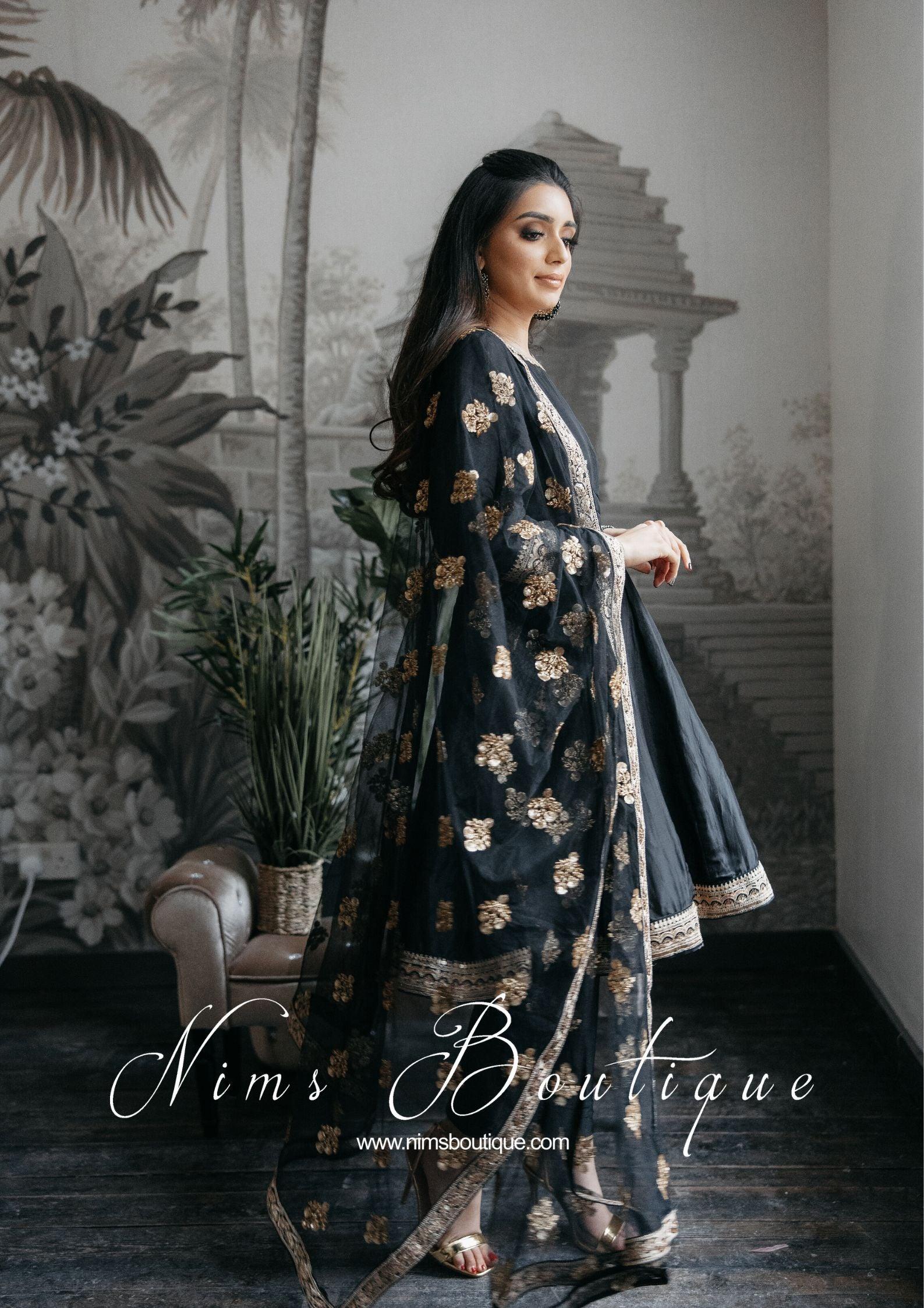 Nims Boutique Rashmi Luxury Black Silk Anarkali Suit with Pajami Sizes 4-16
