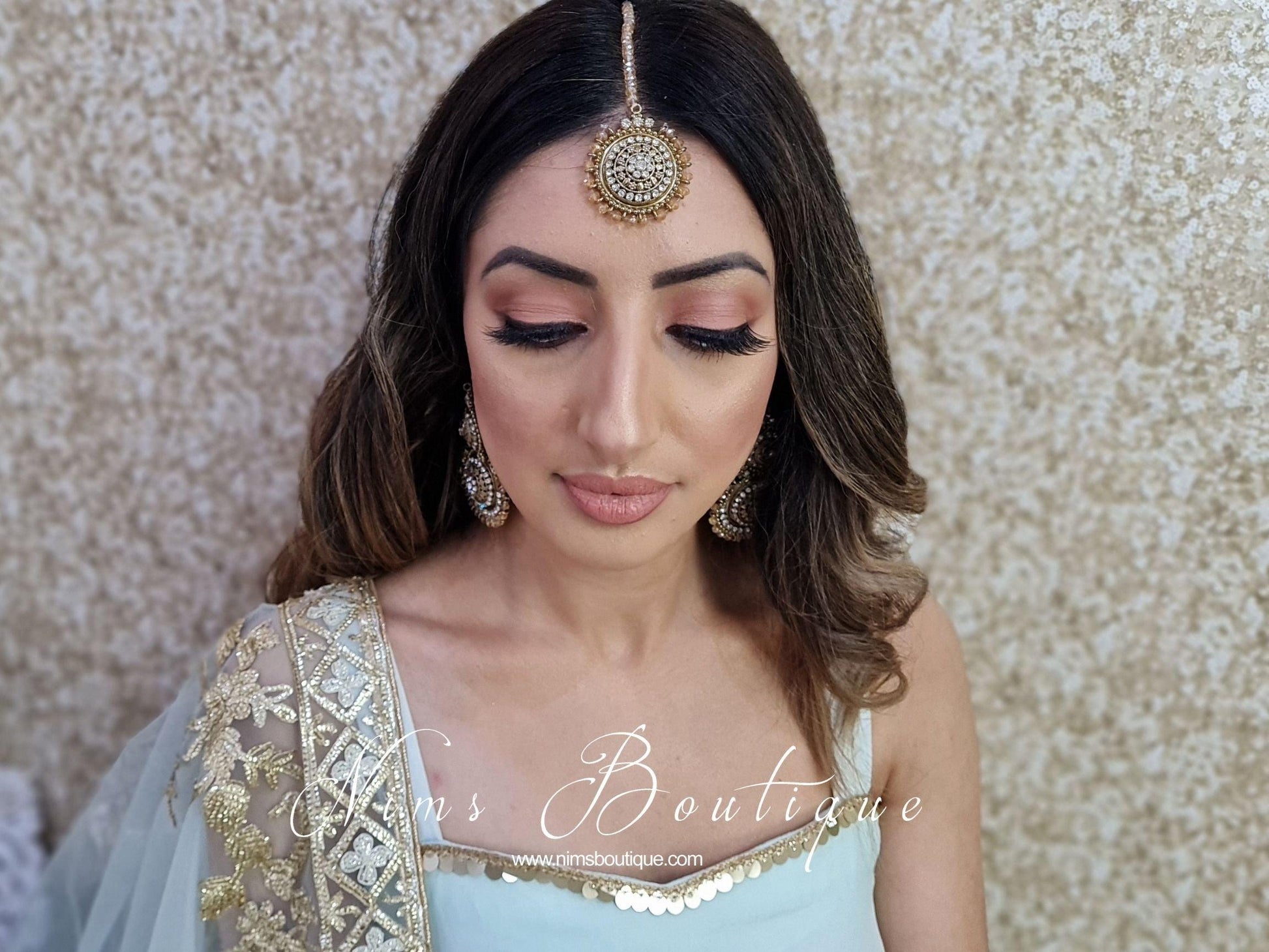 Nims Boutique Royal Gold Tikka & Earrings Set with clear stone 