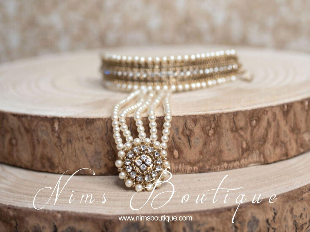 Nims Boutique Royal Antique Gold & Pearl Small Handpiece / Hath Panja