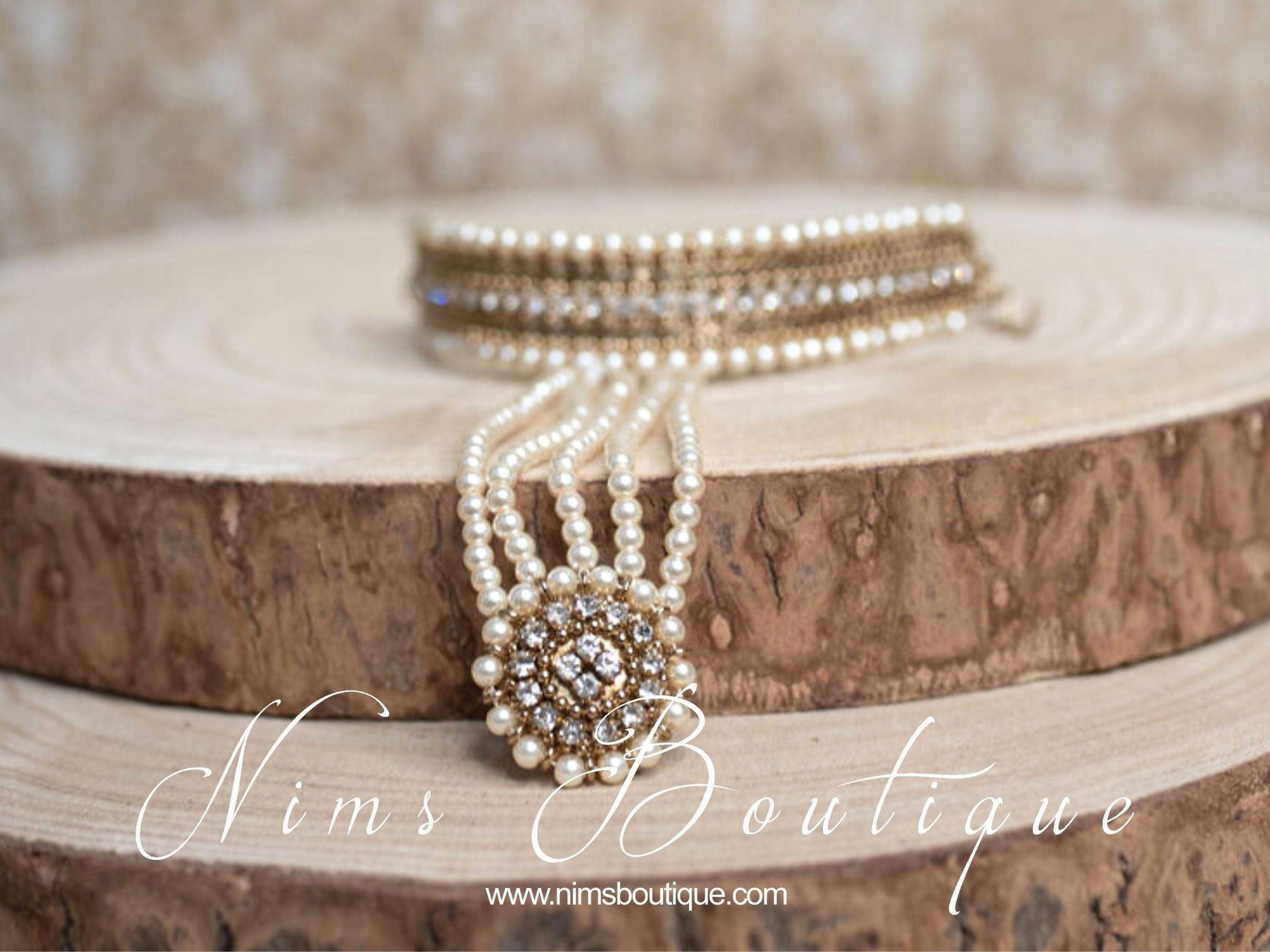 Nims Boutique Royal Antique Gold & Pearl Small Handpiece / Hath Panja