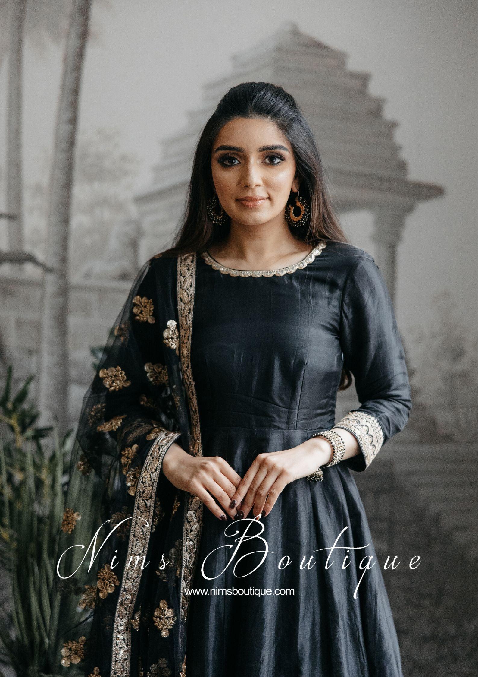 Nims Boutique Rashmi Luxury Black Silk Anarkali Suit with Pajami Sizes 4-16