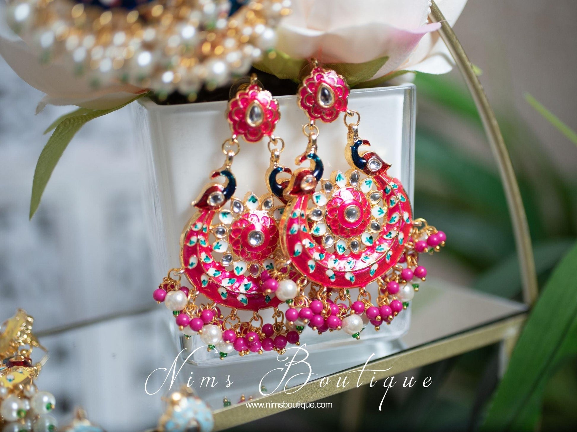 Nims Boutique Moorni Bright Pink Meenakari Peacock Earrings