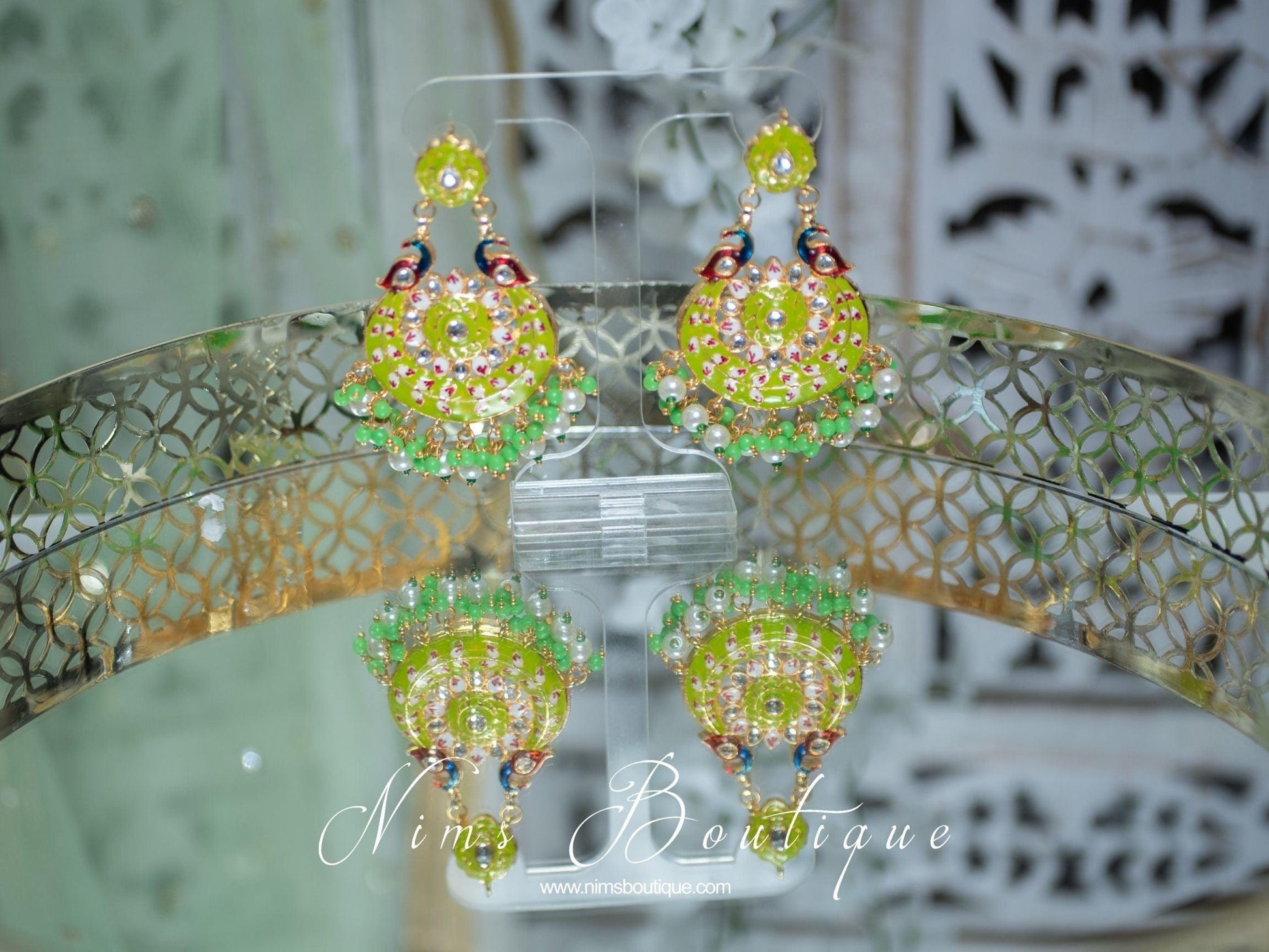 Nims Boutique Moorni Lime Meenakari Peacock Earrings