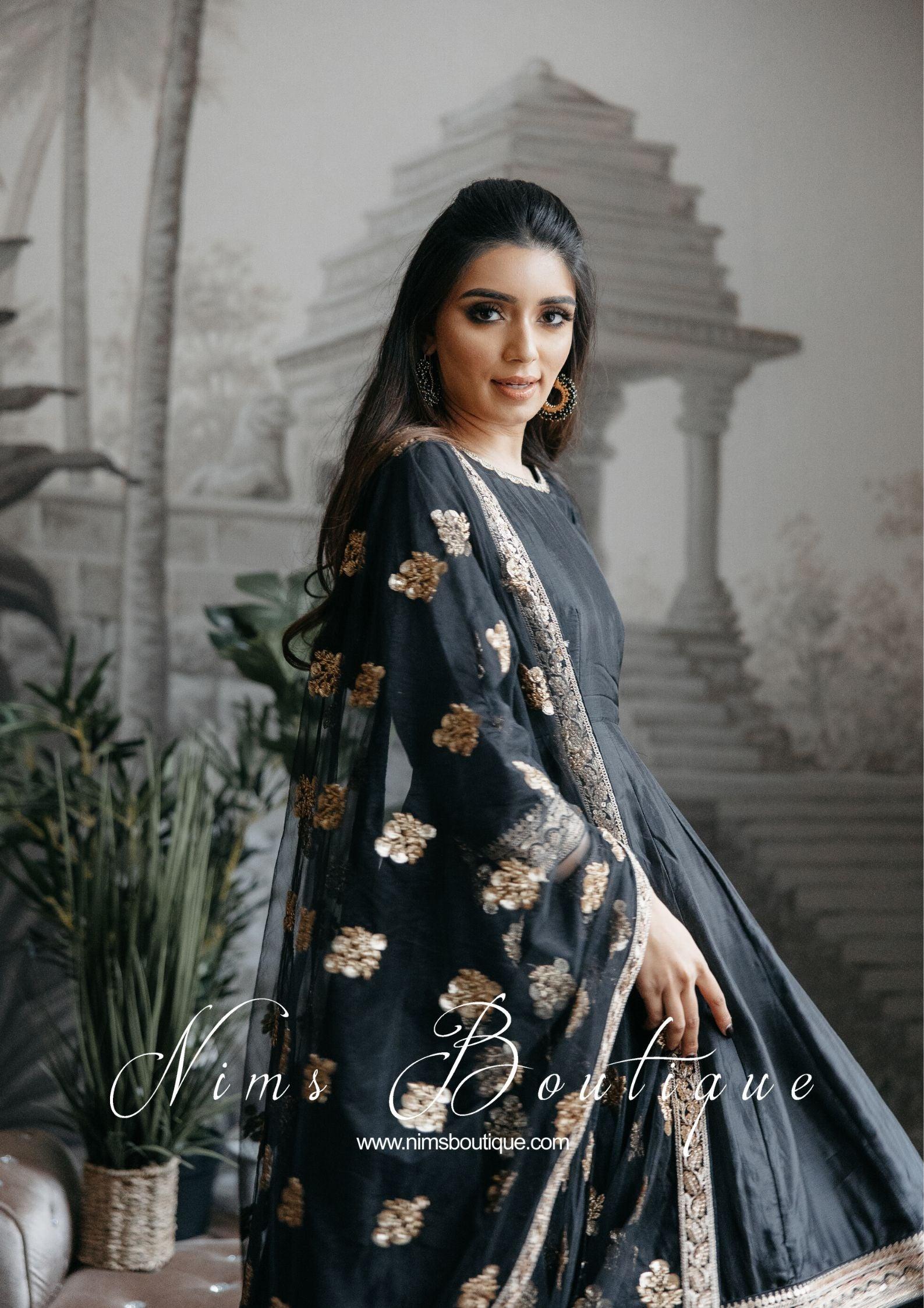 Nims Boutique Rashmi Luxury Black Silk Anarkali Suit with Pajami Sizes 4-16