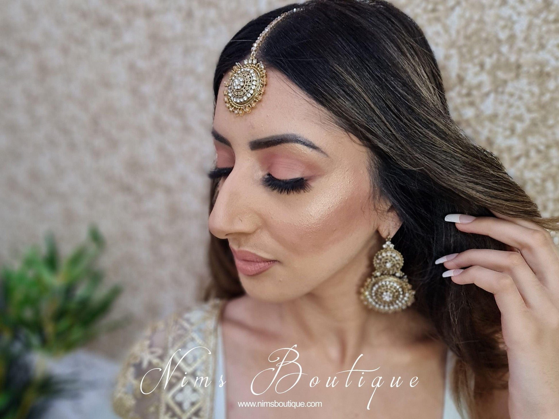 Nims Boutique Royal Gold Tikka & Earrings Set with clear stone