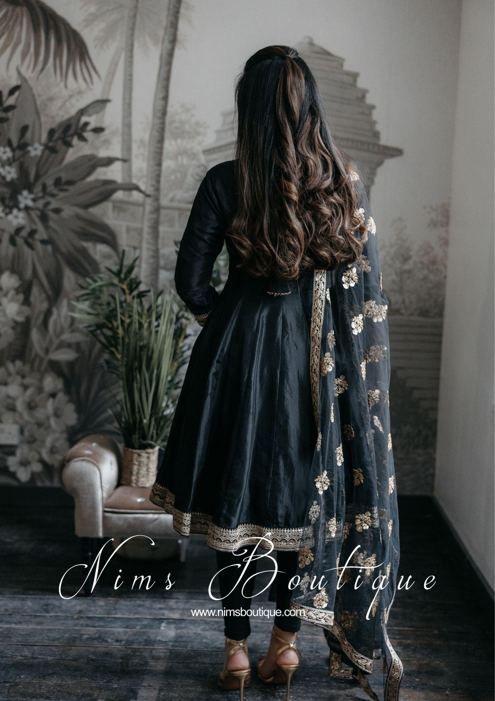Nims Boutique Rashmi Luxury Black Silk Anarkali Suit with Pajami Sizes 4-16
