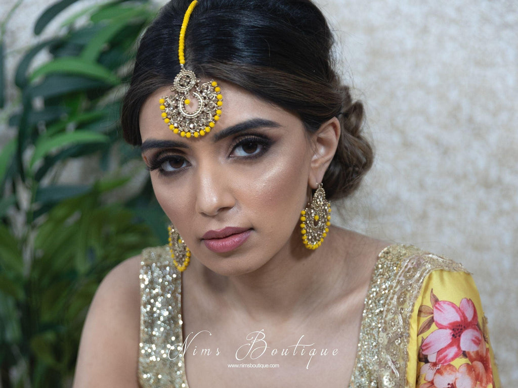 Nims Boutique Royal Dark Yellow & Gold Stone Chand Tikka Set