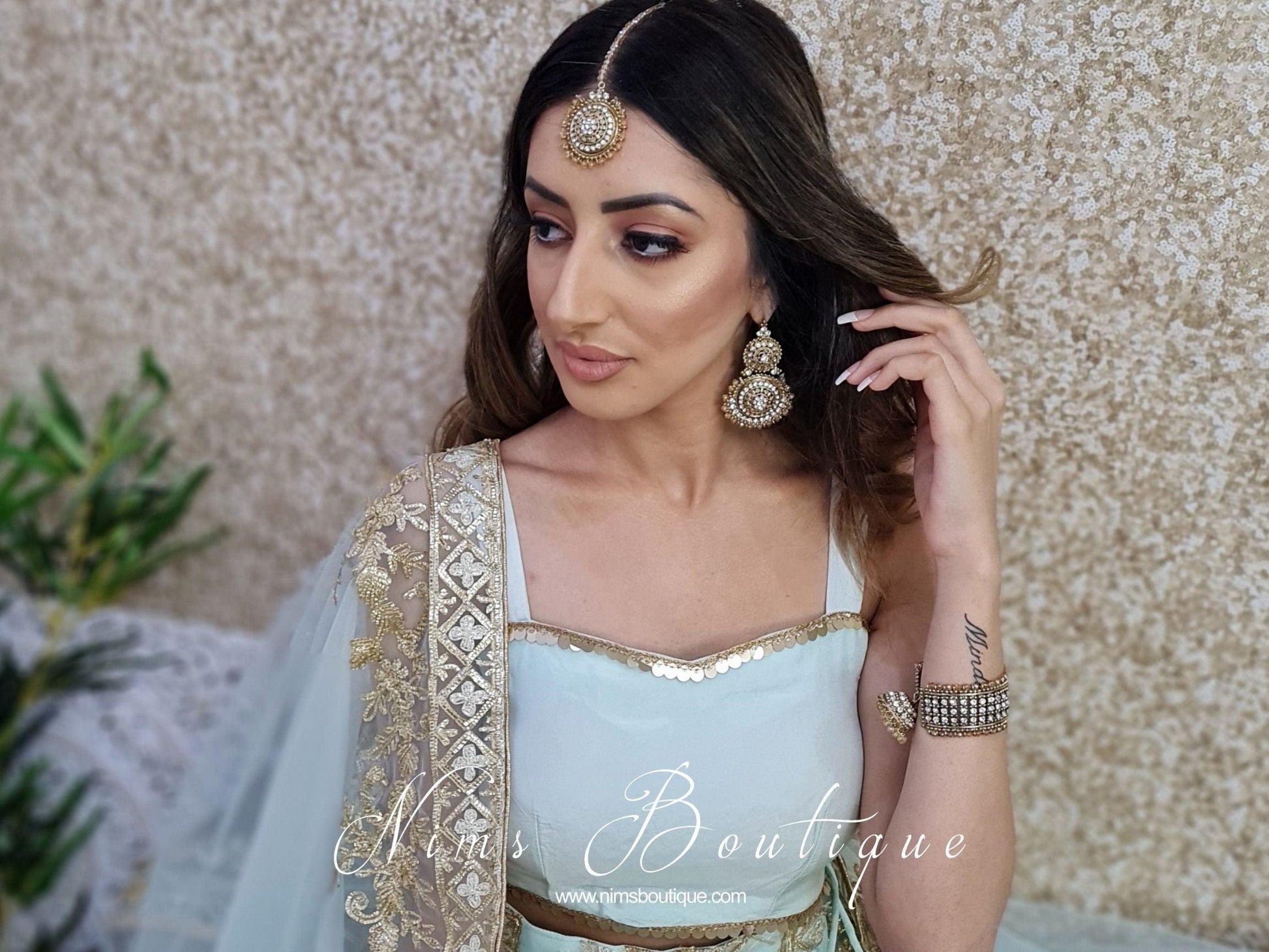 Nims Boutique Royal Gold Tikka & Earrings Set with clear stone