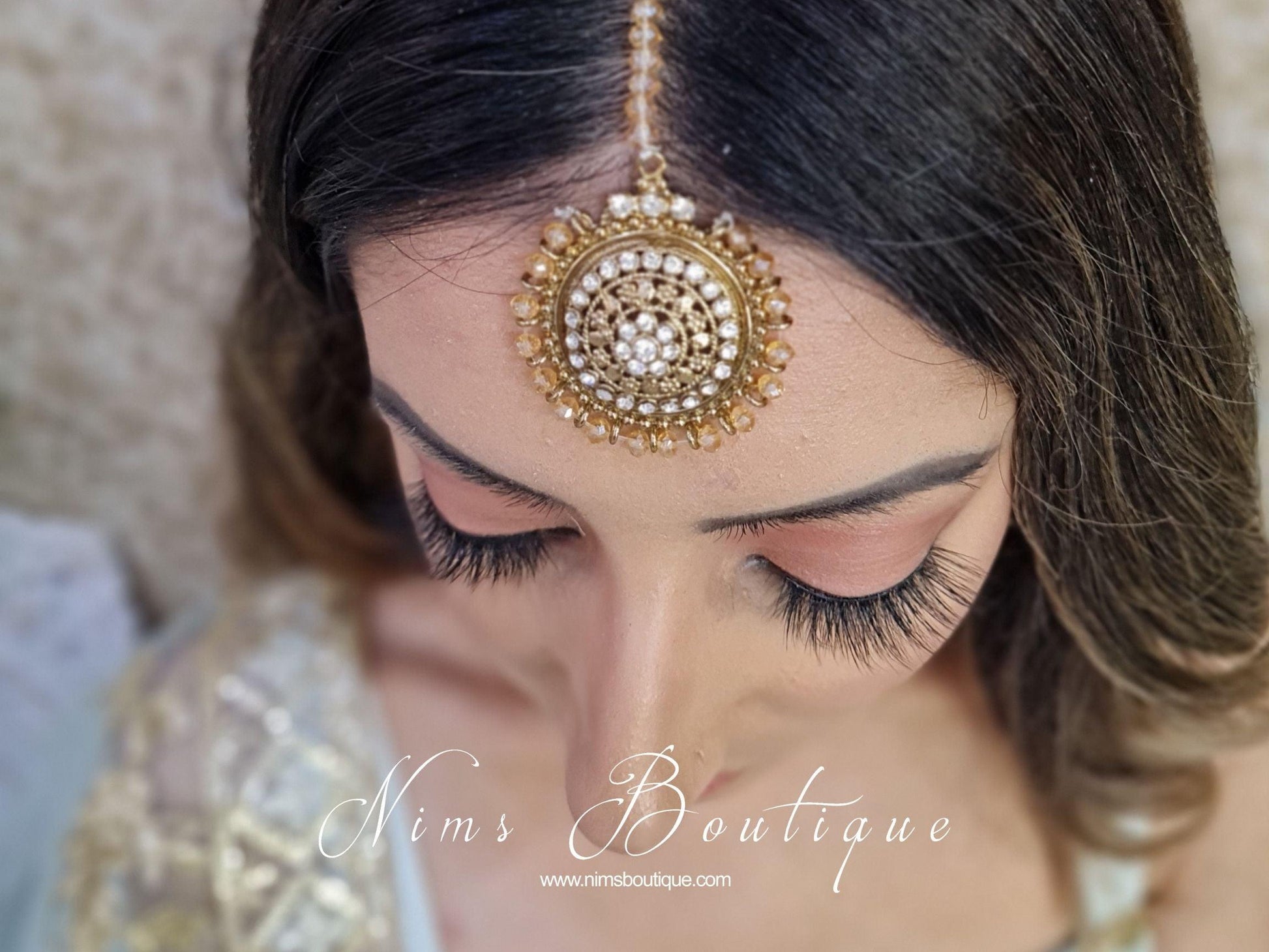 Nims Boutique Royal Gold Tikka & Earrings Set with clear stone