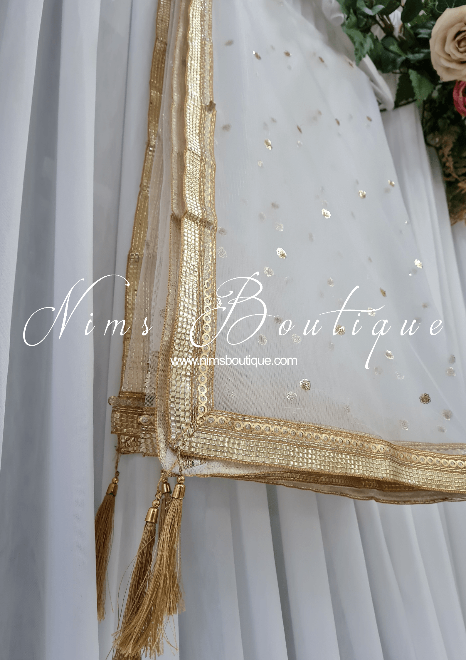 Nims Boutique White Net Sequin Dupatta/Chunni