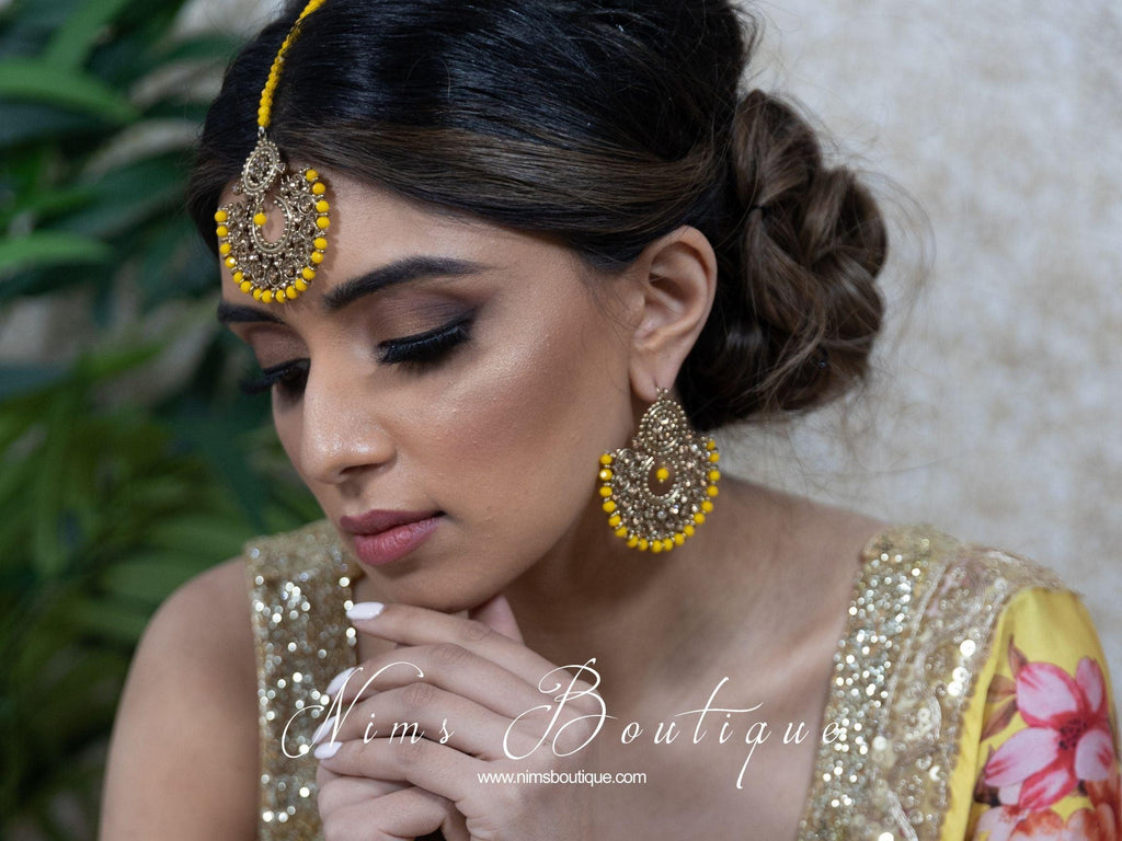 Nims Boutique Royal Dark Yellow & Gold Stone Chand Tikka Set
