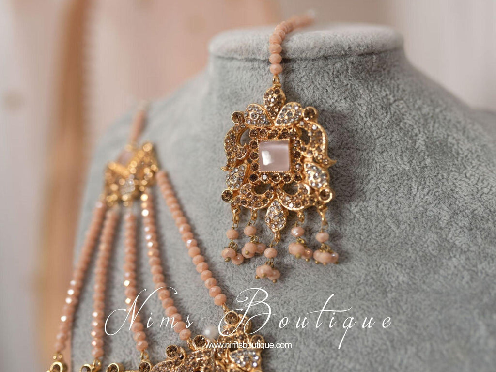 Nims Boutique Ridhi Peach Earrings, Tikka & Passa Set