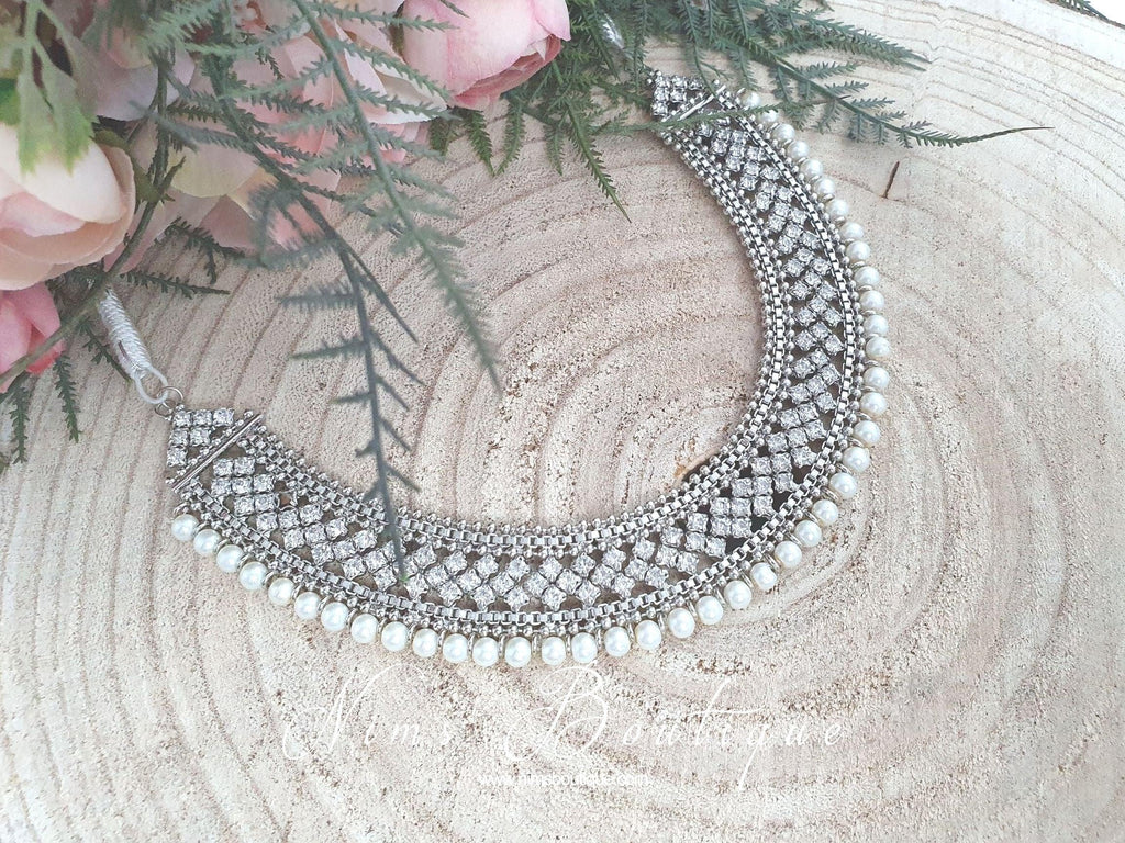 Nims Boutique Statement Royal Silver & Pearl Necklace
