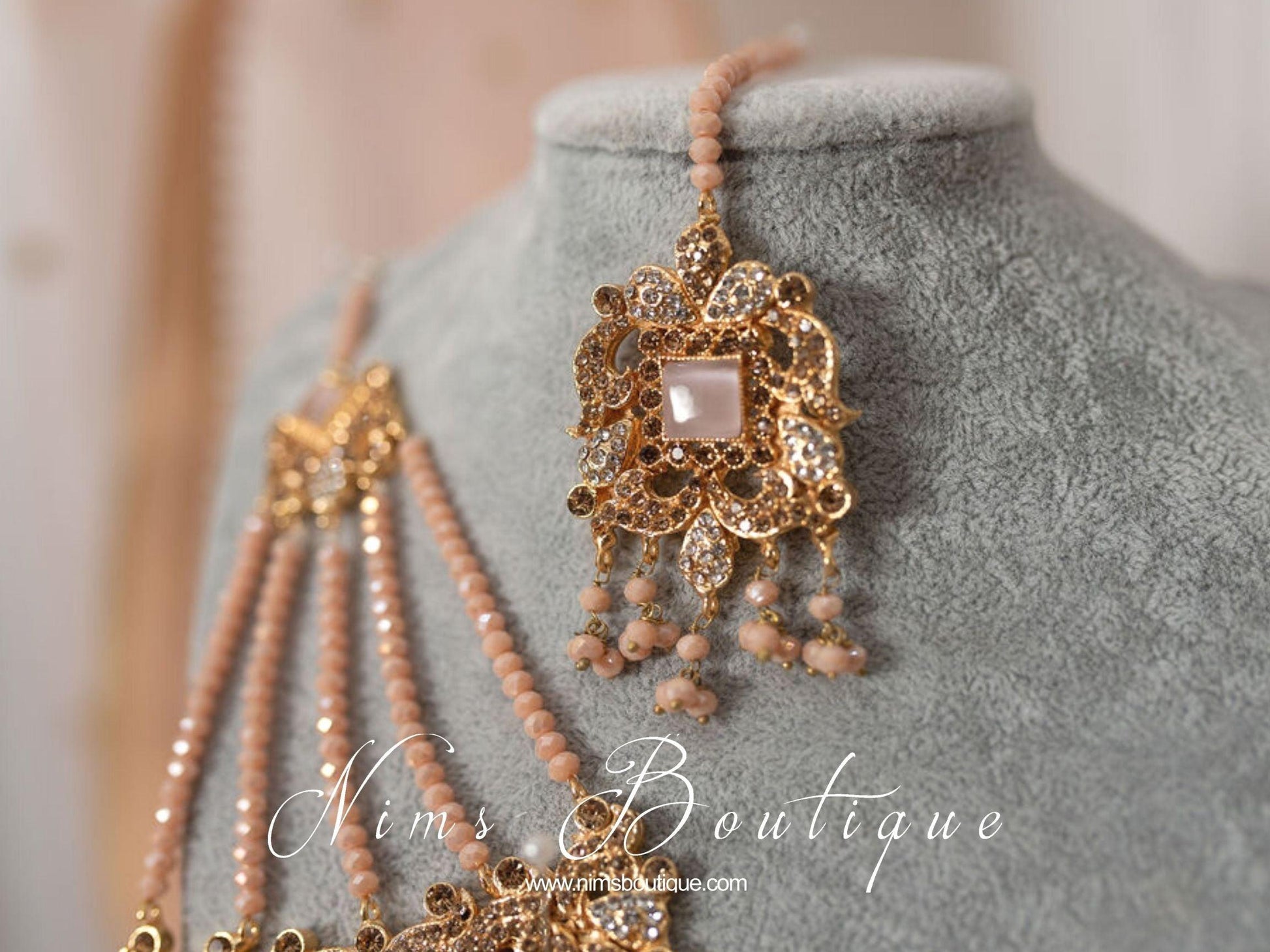 Nims Boutique Ridhi Peach Earrings, Tikka & Passa Set