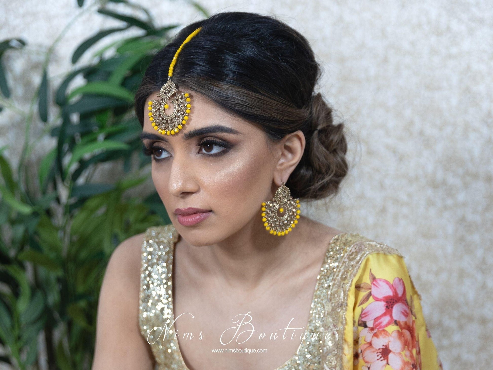 Nims Boutique Royal Dark Yellow & Gold Stone Chand Tikka Set