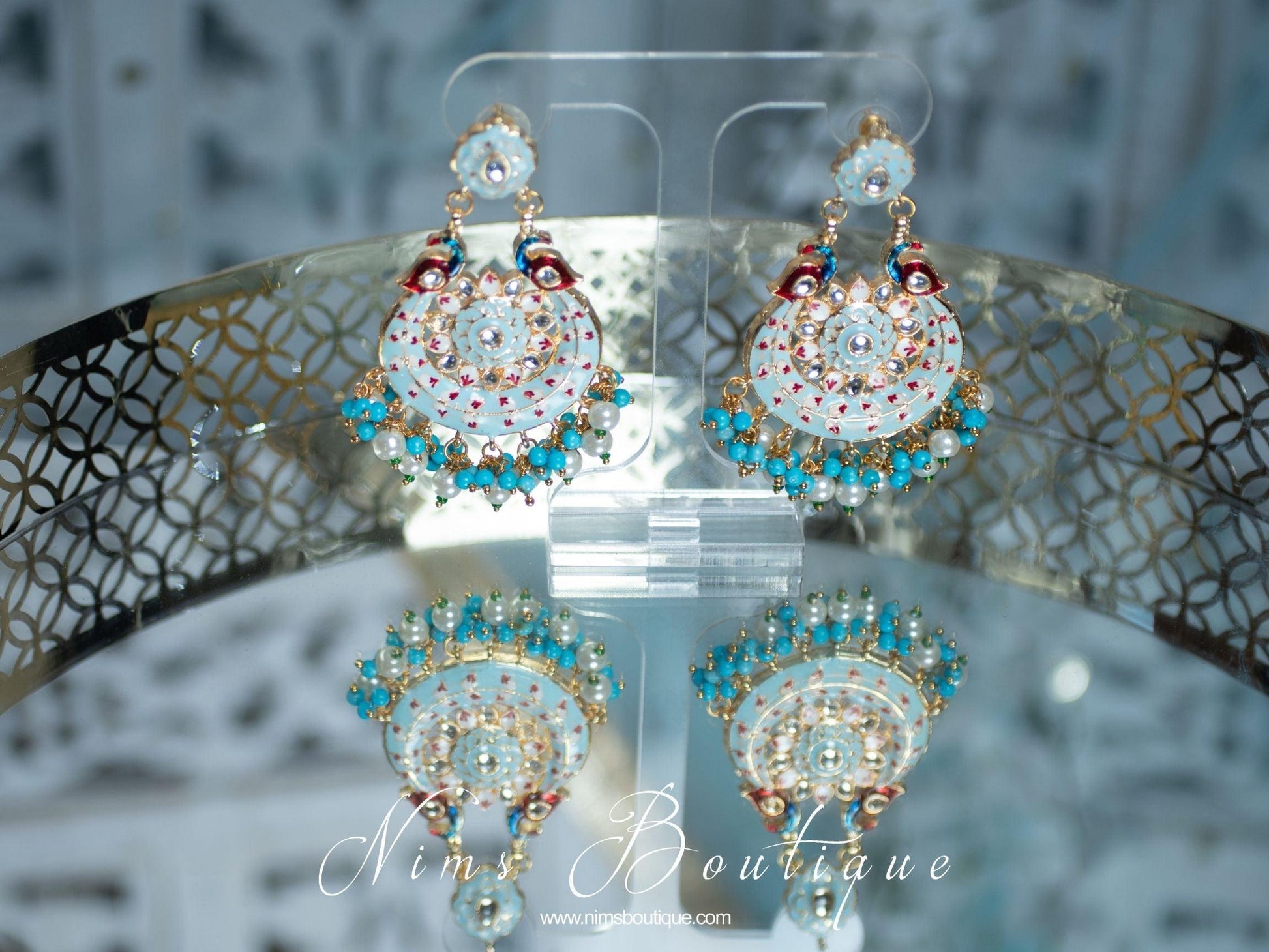 Nims Boutique Moorni Pastel Blue Meenakari Peacock Earrings
