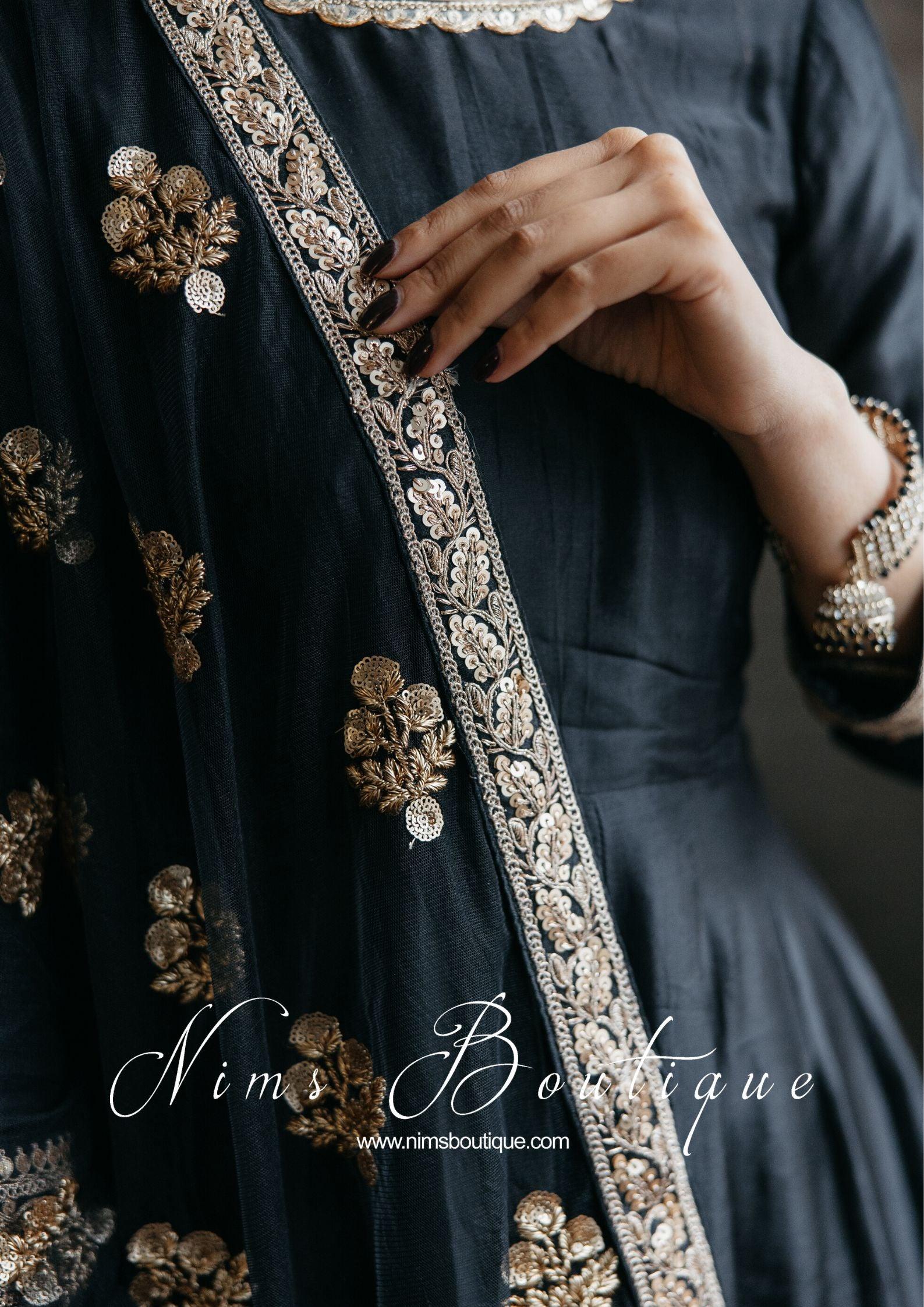 Nims Boutique Rashmi Luxury Black Silk Anarkali Suit with Pajami Sizes 4-16