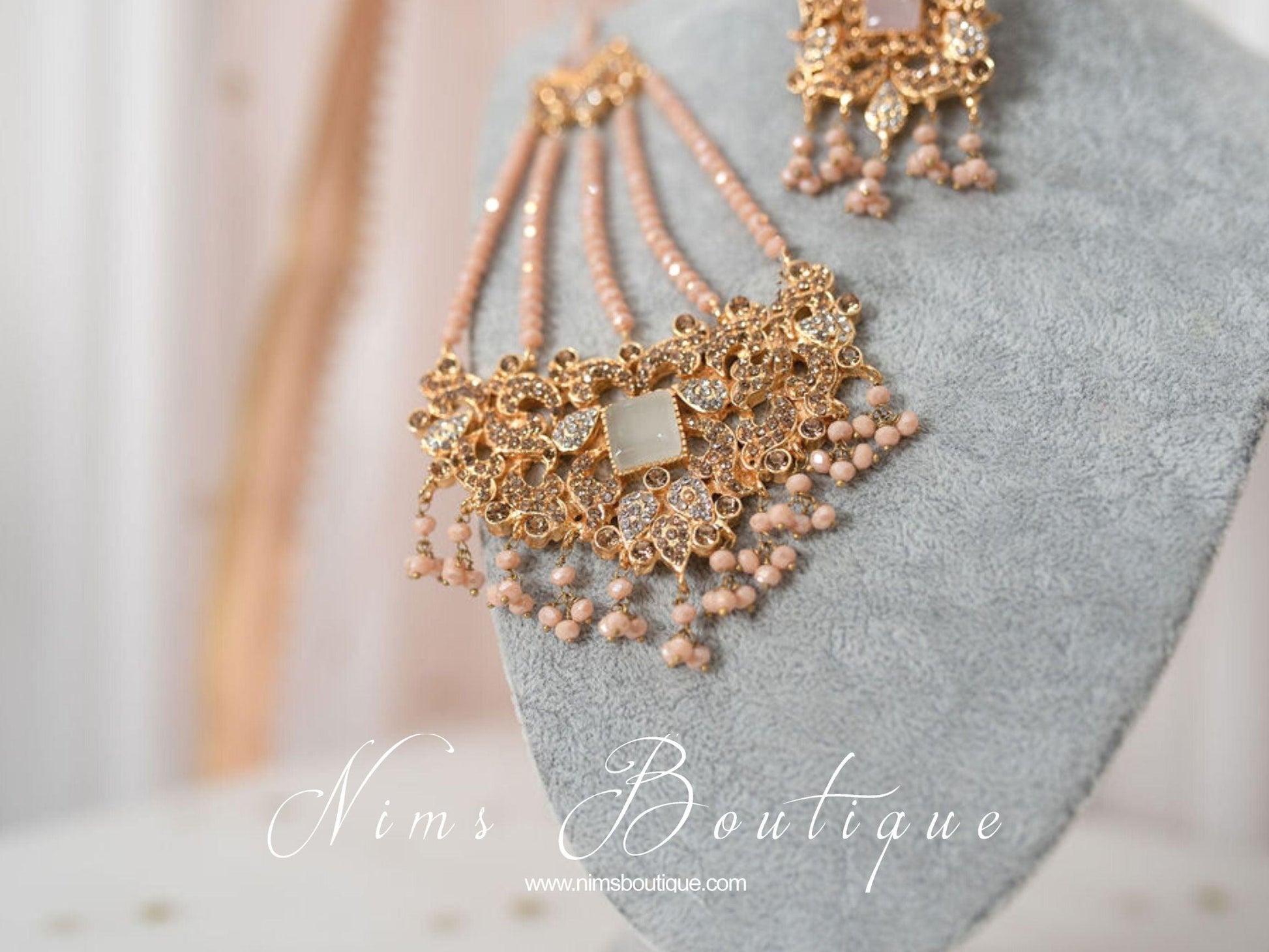 Nims Boutique Ridhi Peach Earrings, Tikka & Passa Set