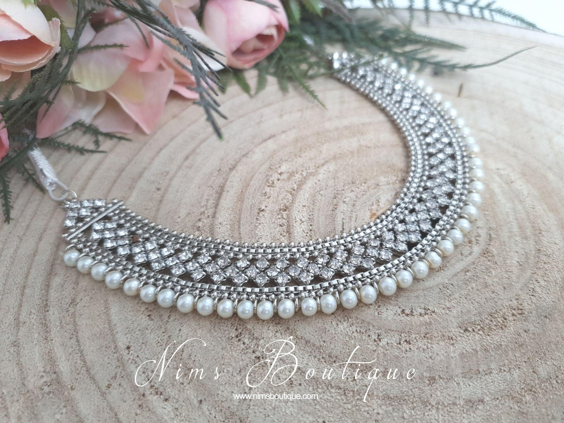 Nims Boutique Statement Royal Silver & Pearl Necklace