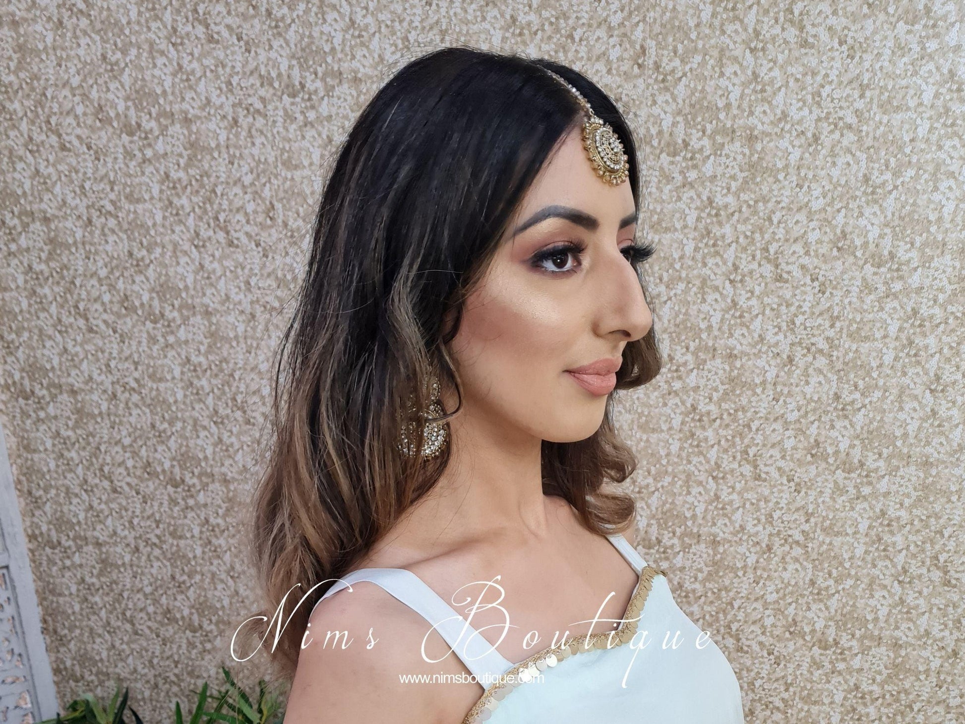 Nims Boutique Royal Gold Tikka & Earrings Set with clear stone
