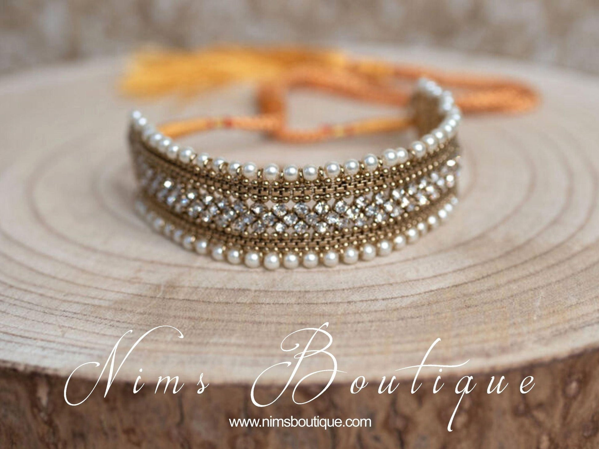 Nims Boutique Celina Pearl & Antique Gold Choker with Clear Stone