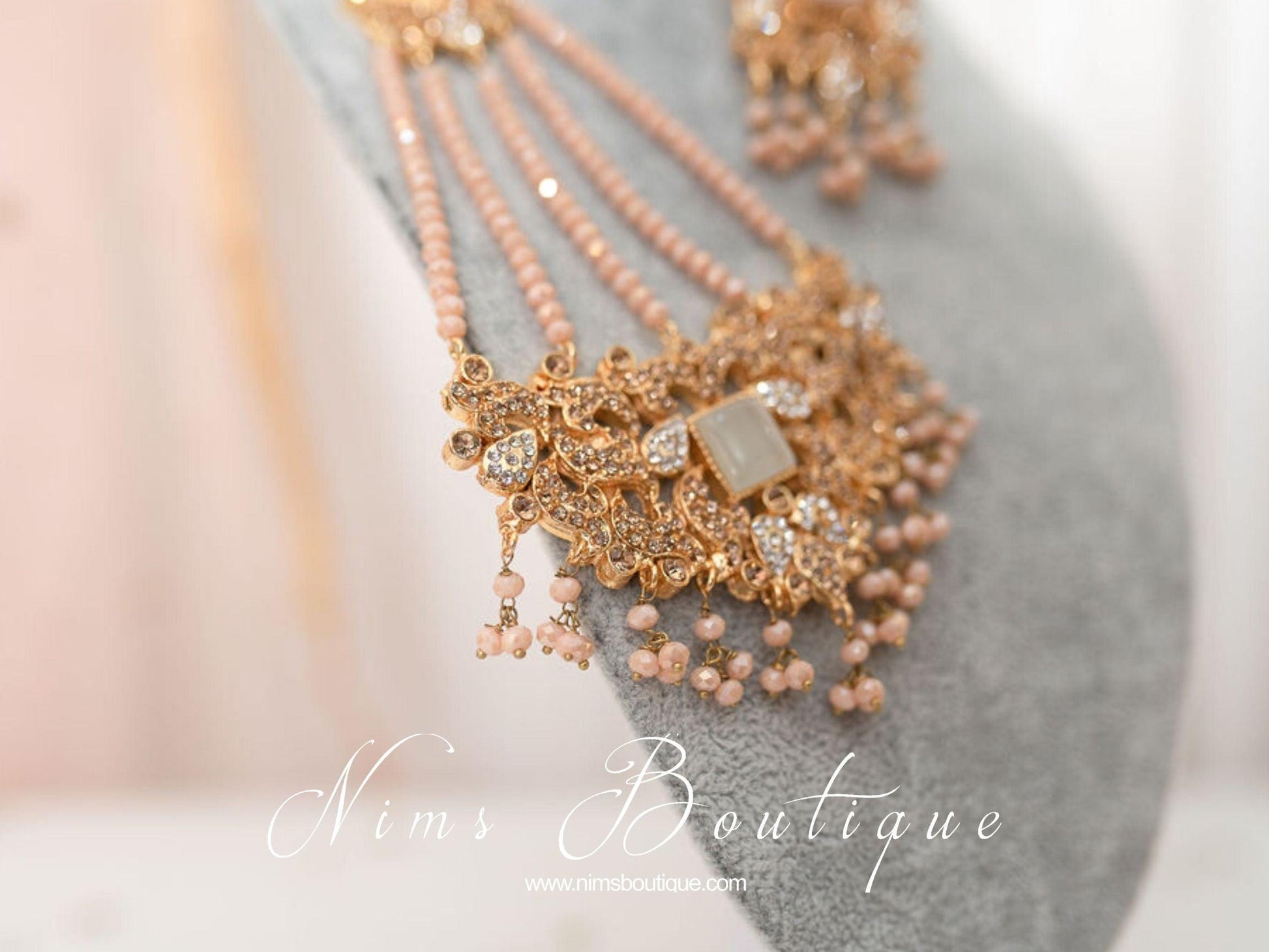 Nims Boutique Ridhi Peach Earrings, Tikka & Passa Set