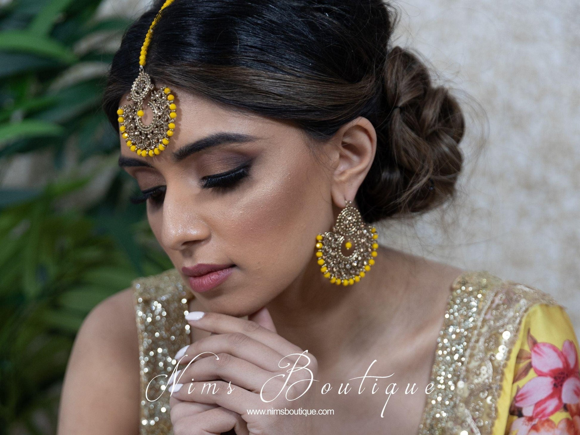 Nims Boutique Royal Dark Yellow & Gold Stone Chand Tikka Set