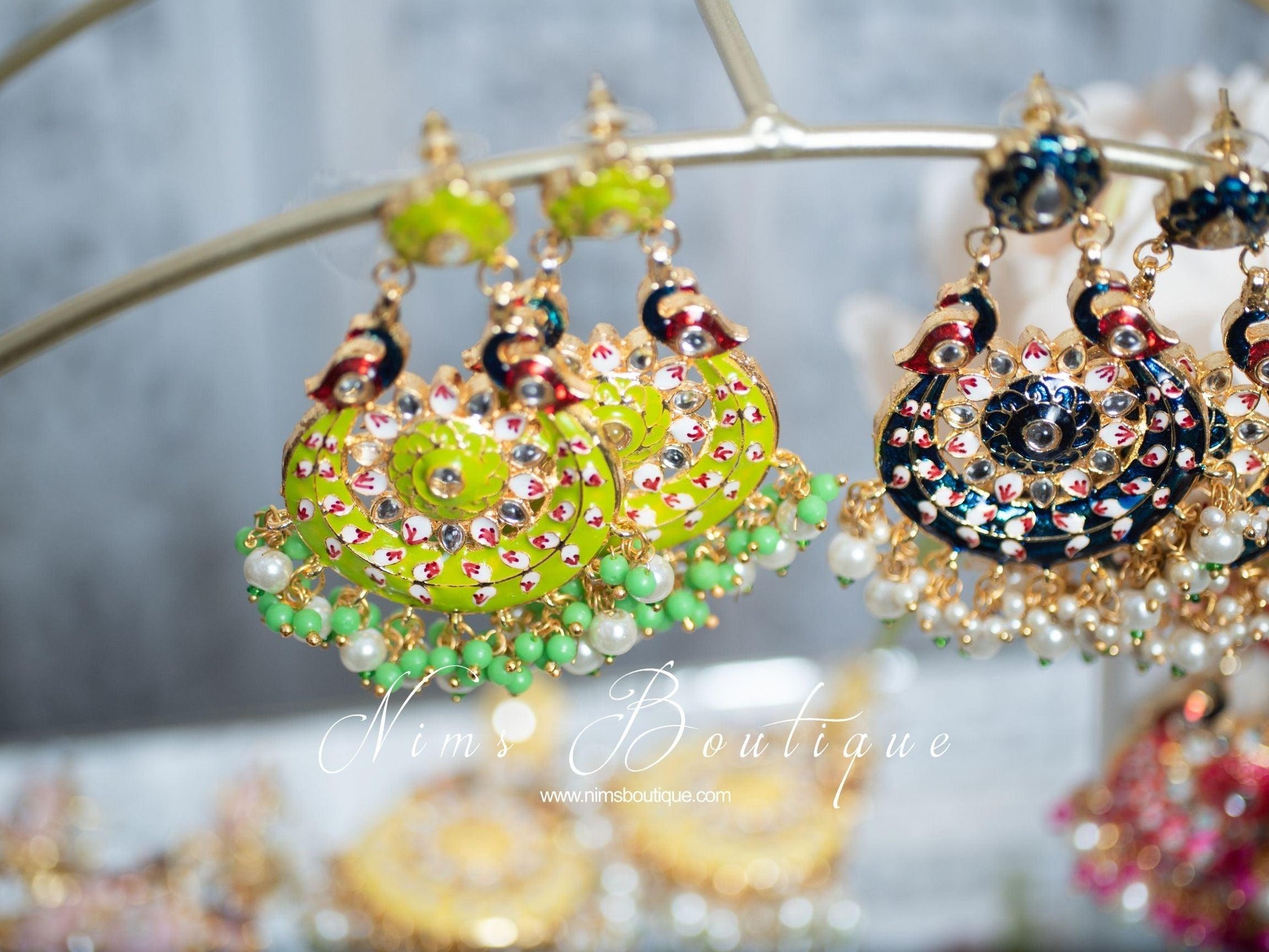 Nims Boutique Moorni Lime Meenakari Peacock Earrings