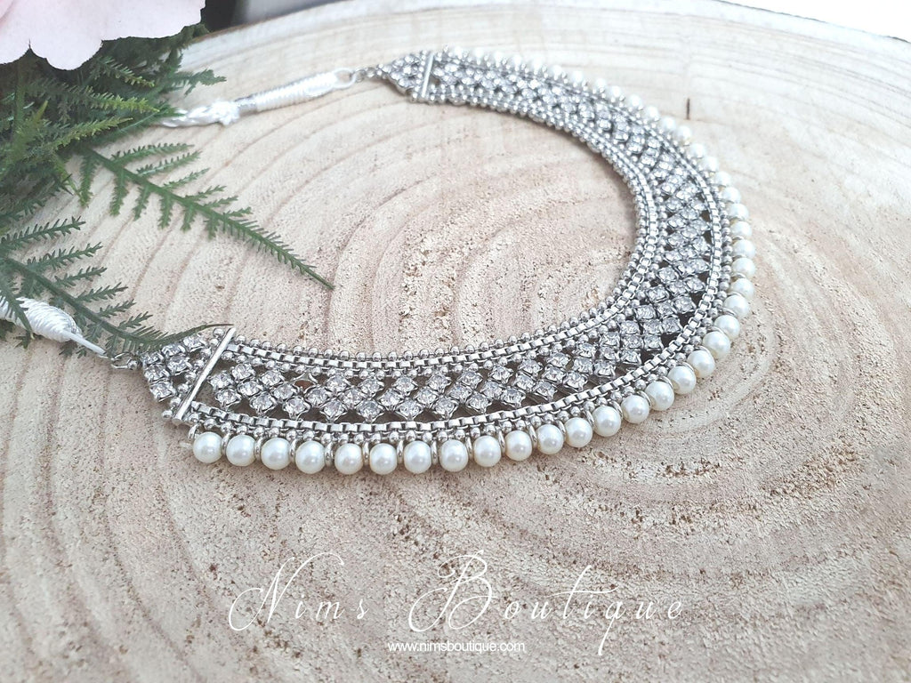 Nims Boutique Statement Royal Silver & Pearl Necklace