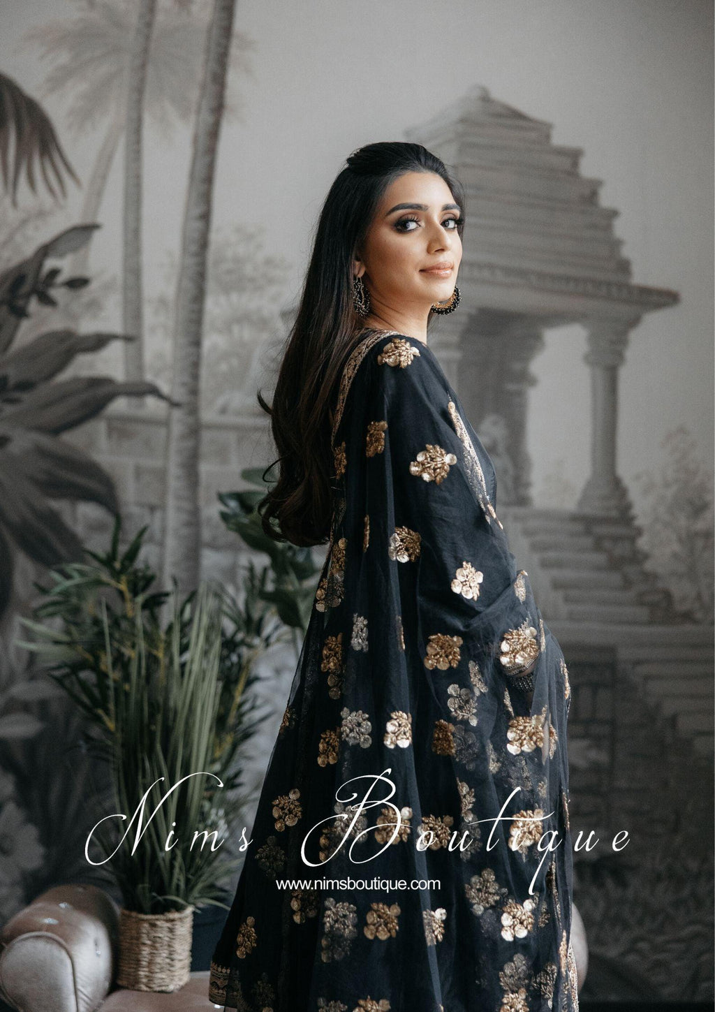 Nims Boutique Rashmi Luxury Black Silk Anarkali Suit with Pajami Sizes 4-16
