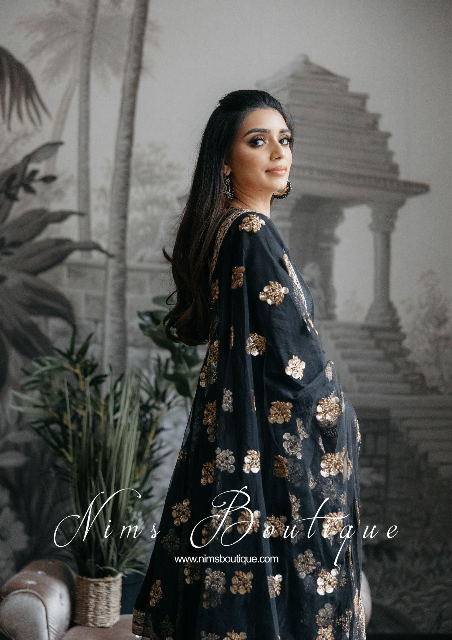 Nims Boutique Rashmi Luxury Black Silk Anarkali Suit with Pajami Sizes 4-16