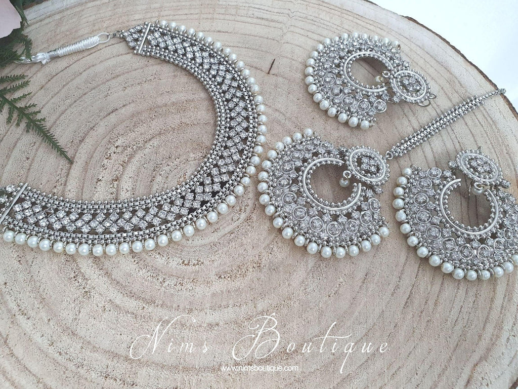 Nims Boutique Statement Royal Silver & Pearl Necklace