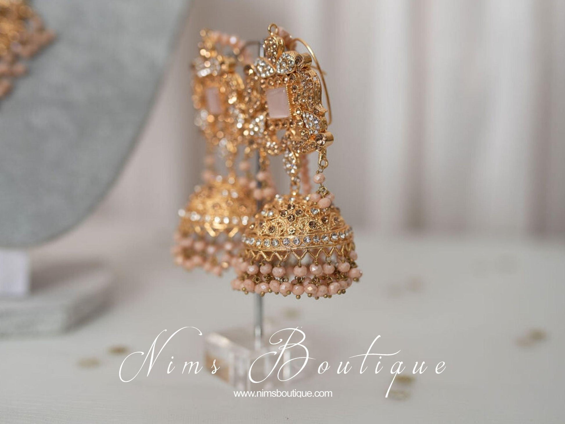 Nims Boutique Ridhi Peach Earrings, Tikka & Passa Set