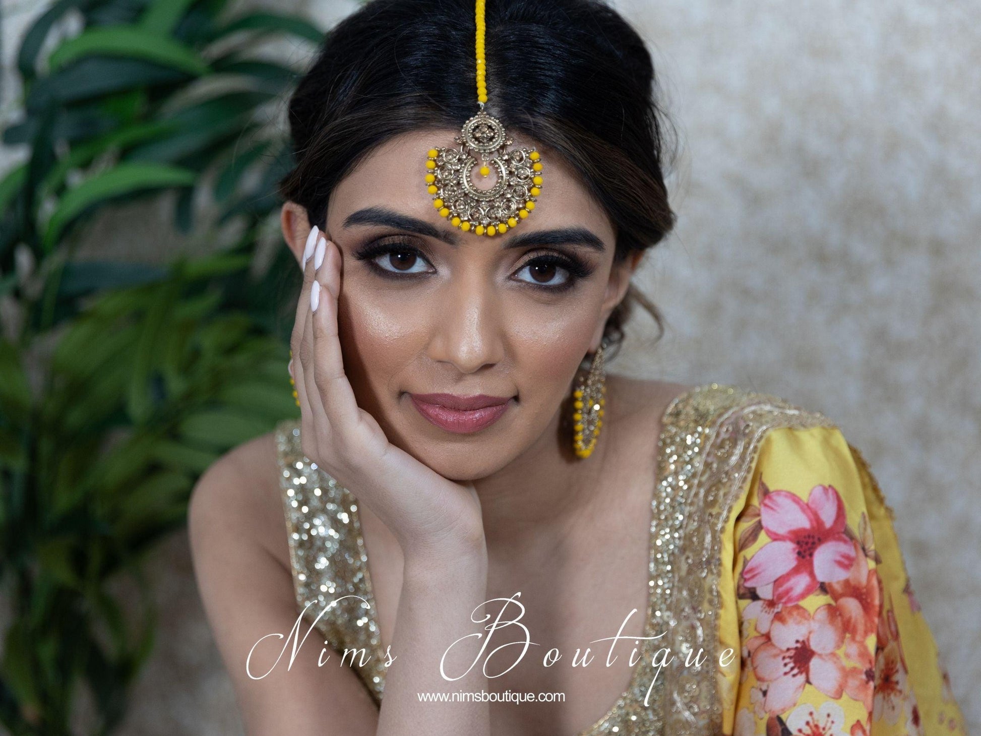 Nims Boutique Royal Dark Yellow & Gold Stone Chand Tikka Set