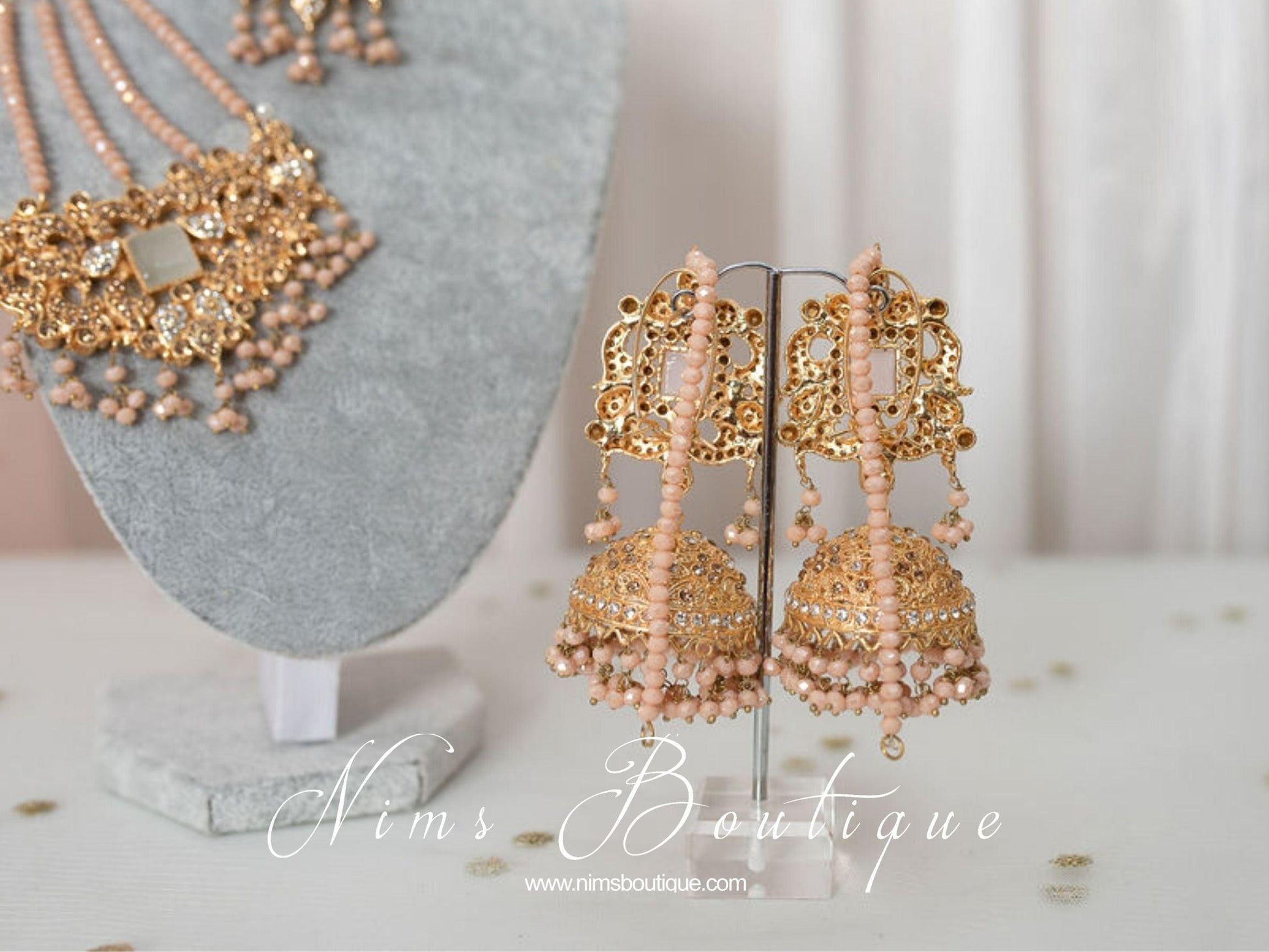 Nims Boutique Ridhi Peach Earrings, Tikka & Passa Set