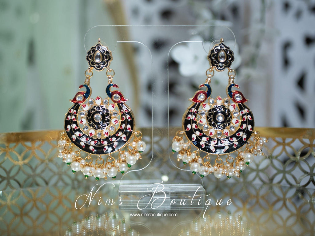 Nims Boutique Moorni Black Meenakari Peacock Earrings