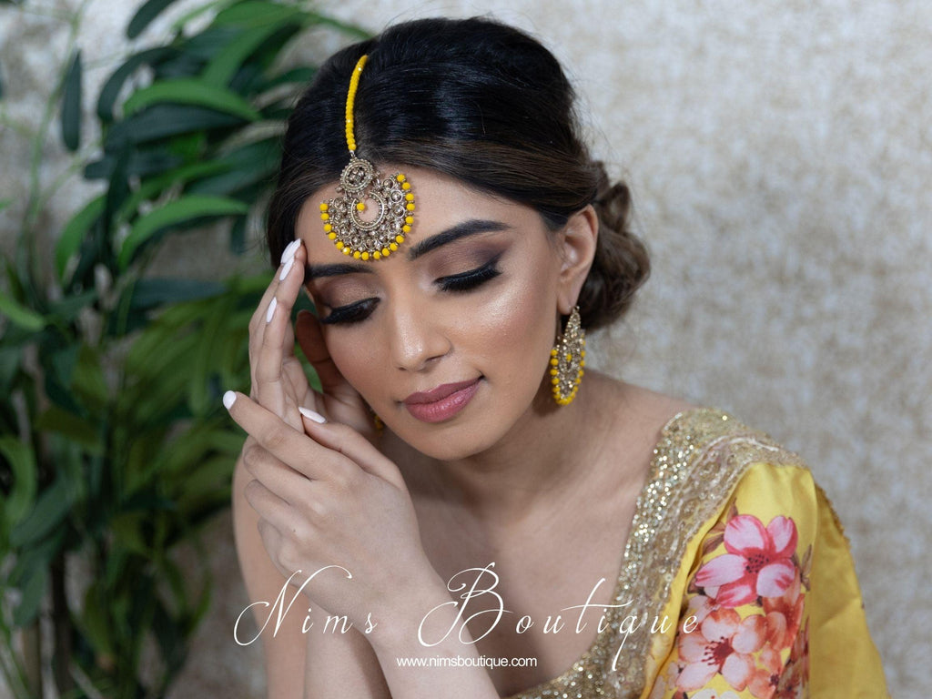 Nims Boutique Royal Dark Yellow & Gold Stone Chand Tikka Set