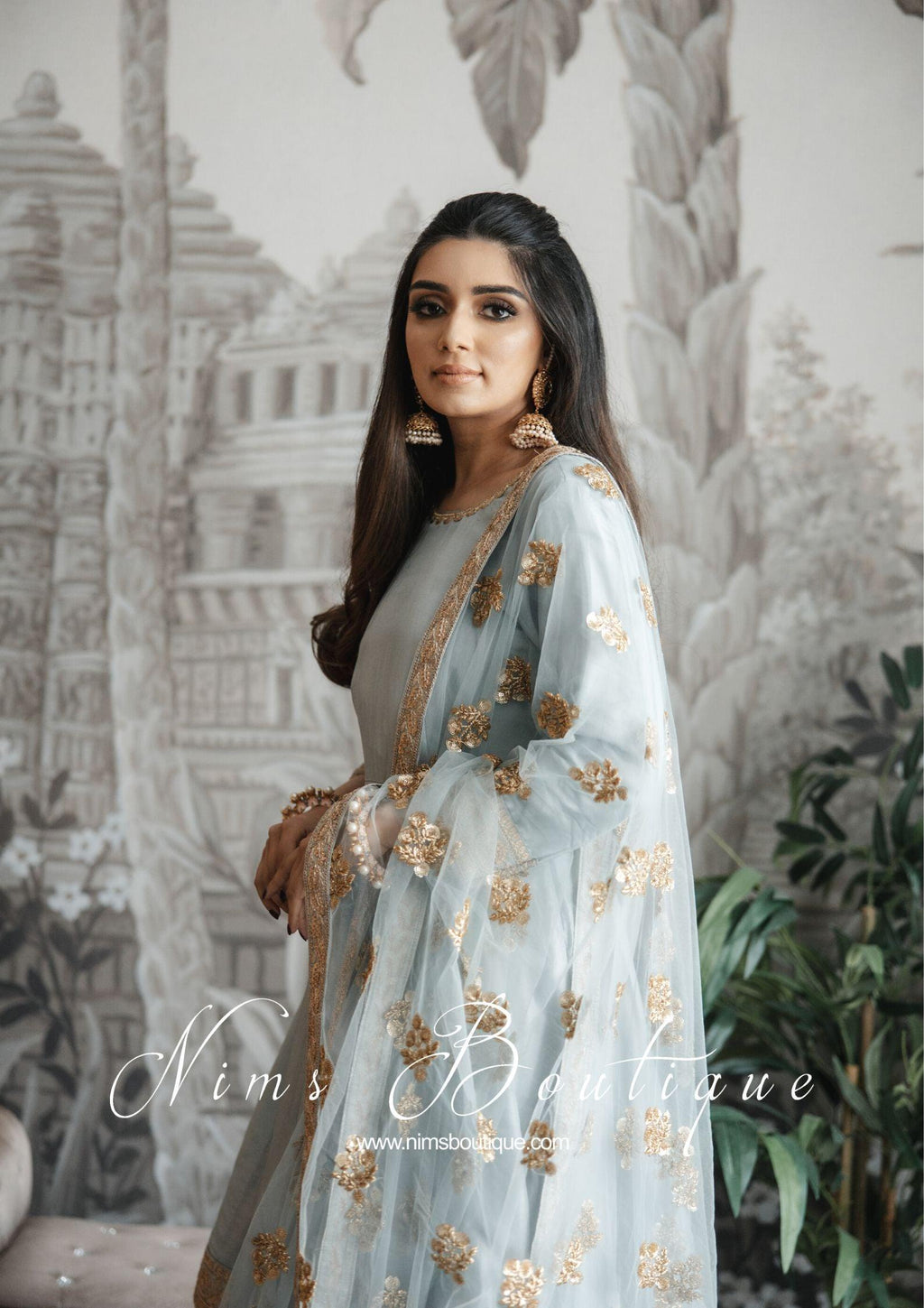 Nims Boutique Rashmi Luxury Grey Silk Anarkali Suit with Pajami size 6-8